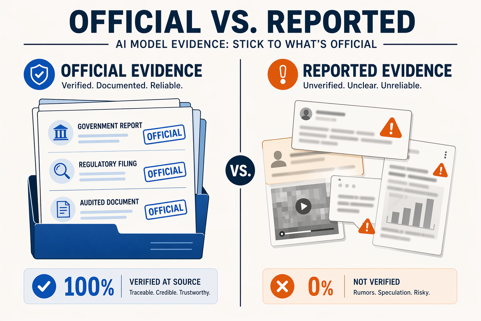 Create a source-confidence matrix infographic titled Official Facts vs Reported Claims