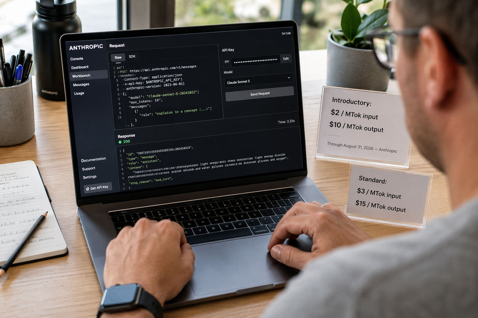 Show a practical API testing scene in which a developer moves from documentation to a live model request