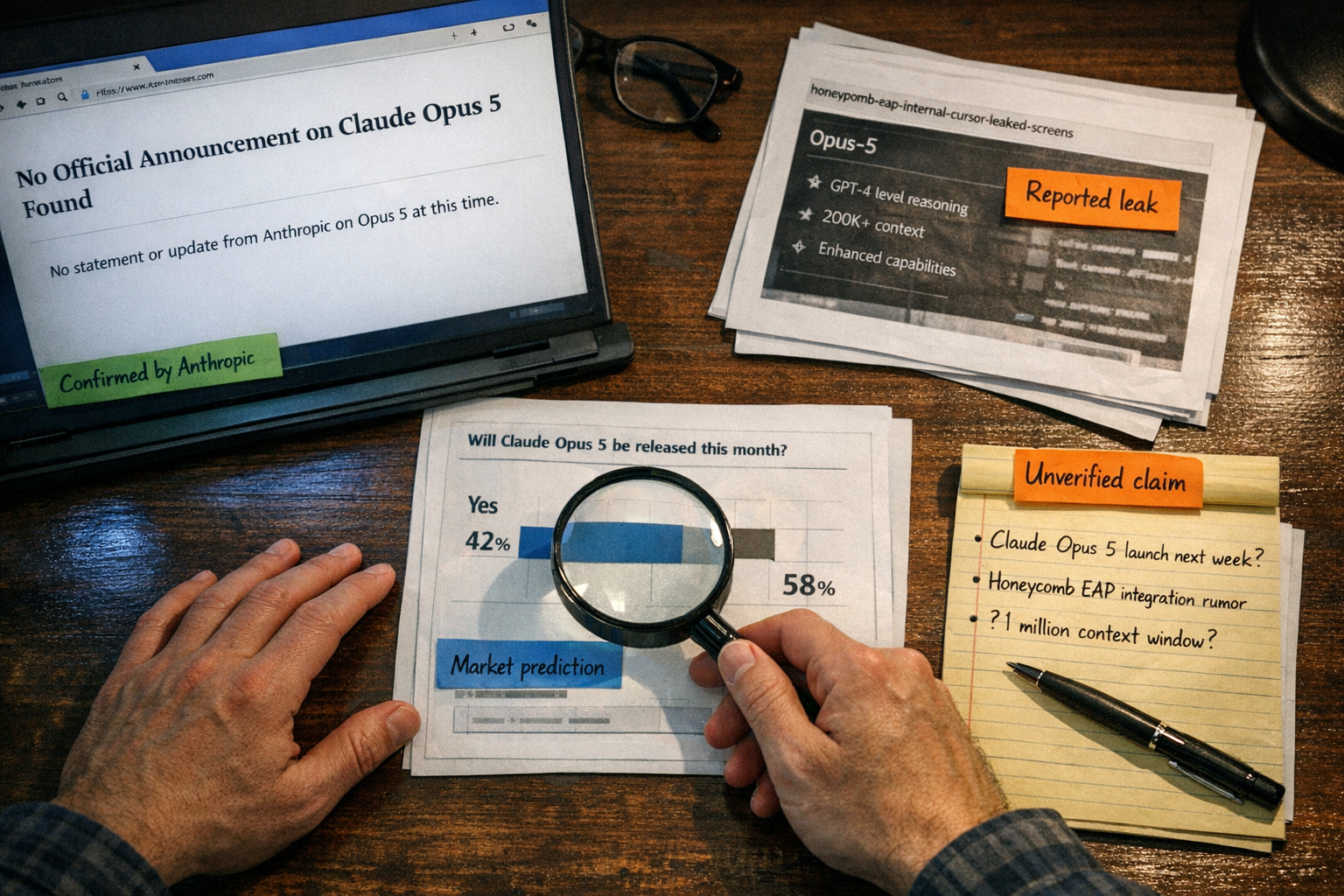 Illustrate a newsroom verification desk devoted to Claude Opus 5 reporting