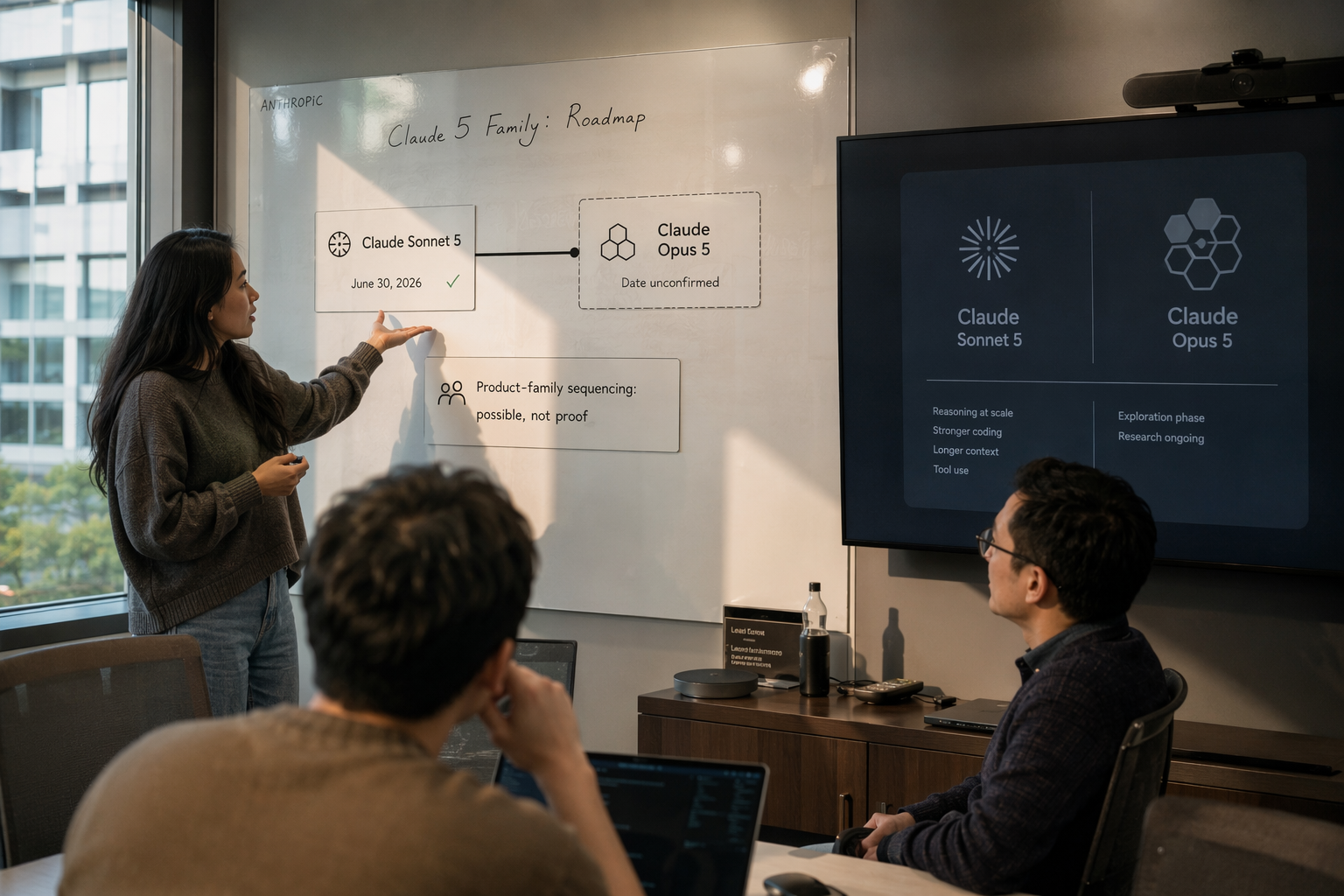 Depict Anthropic’s Claude 5 family as a connected product-roadmap wall in a technology briefing room