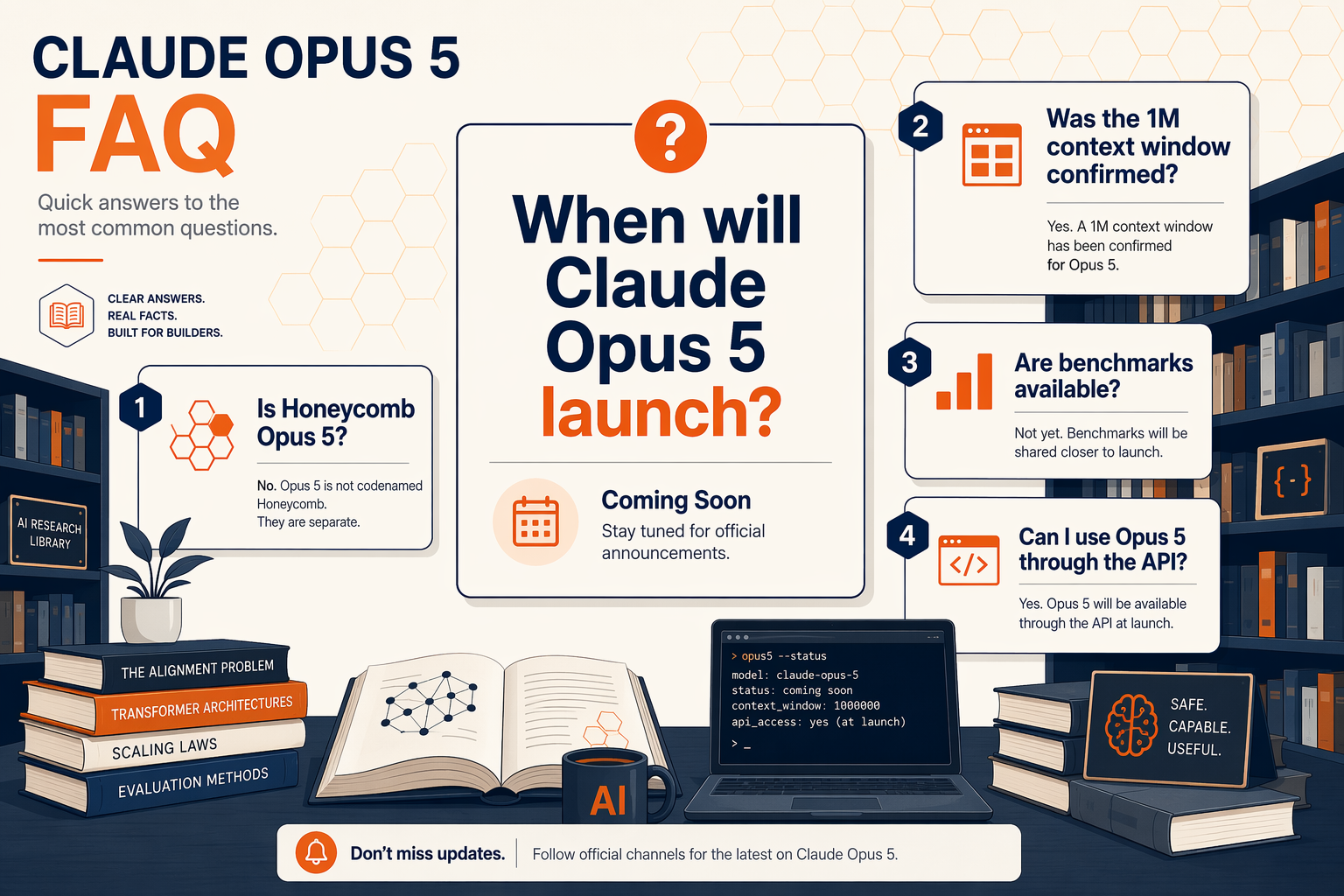 Create a clean editorial FAQ illustration in a quiet AI research library