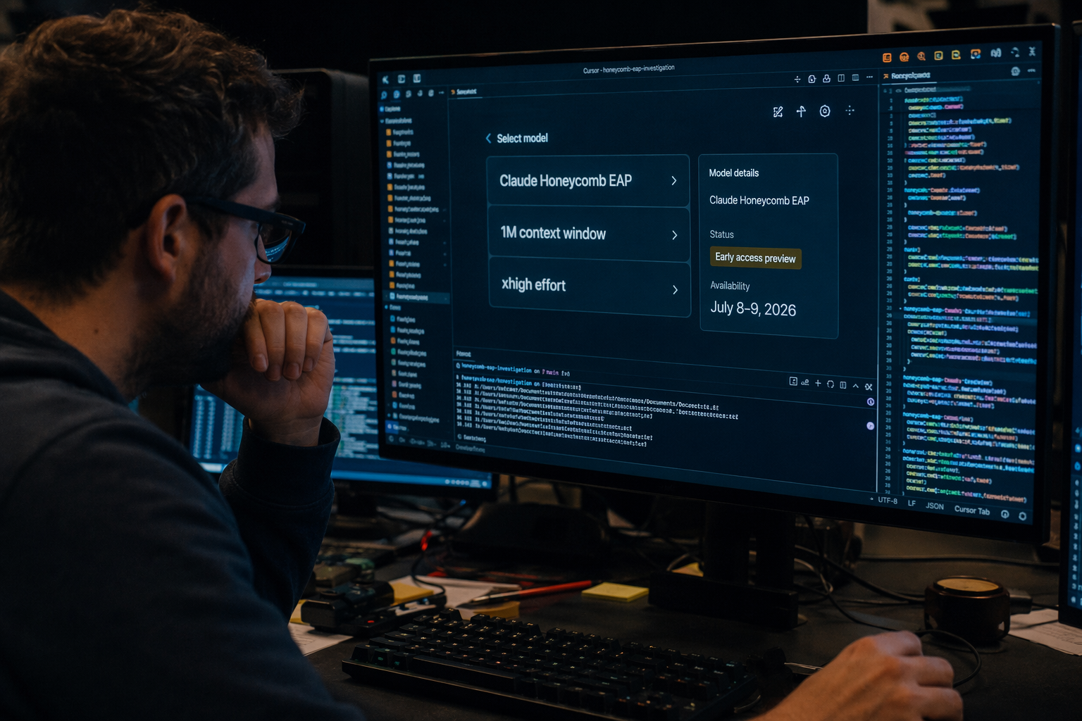Show a close-up developer workstation during a brief model availability incident in an AI coding editor