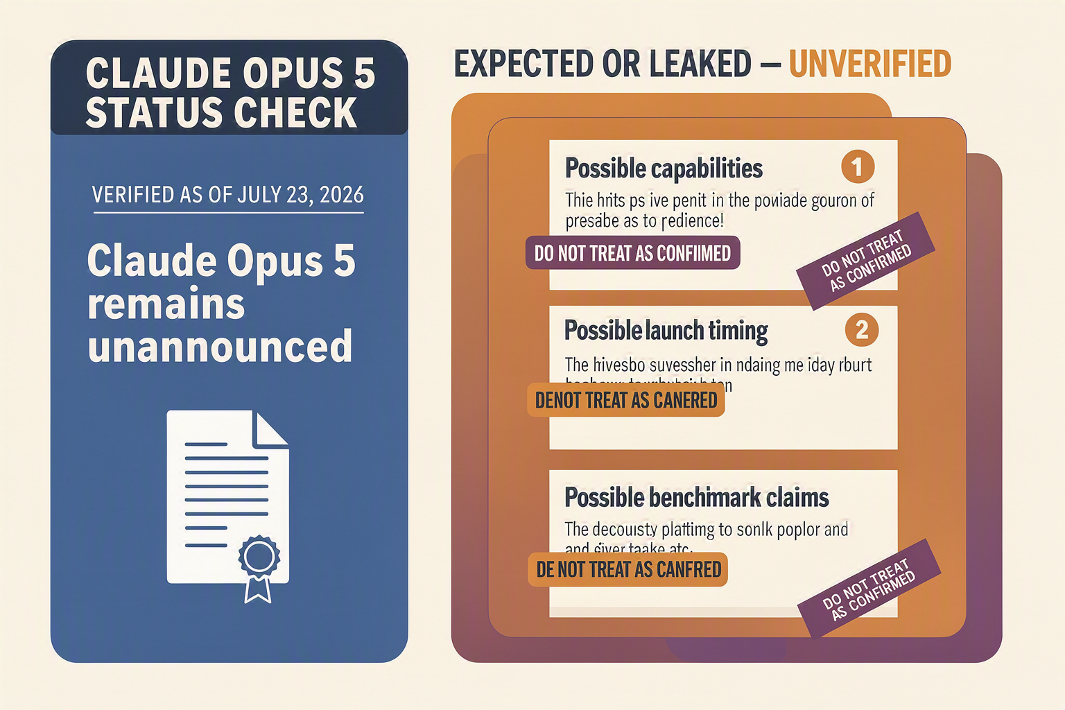 A visually emphatic evidence-board infographic titled CLAUDE OPUS 5 STATUS CHECK divided vertically into two unequal panels