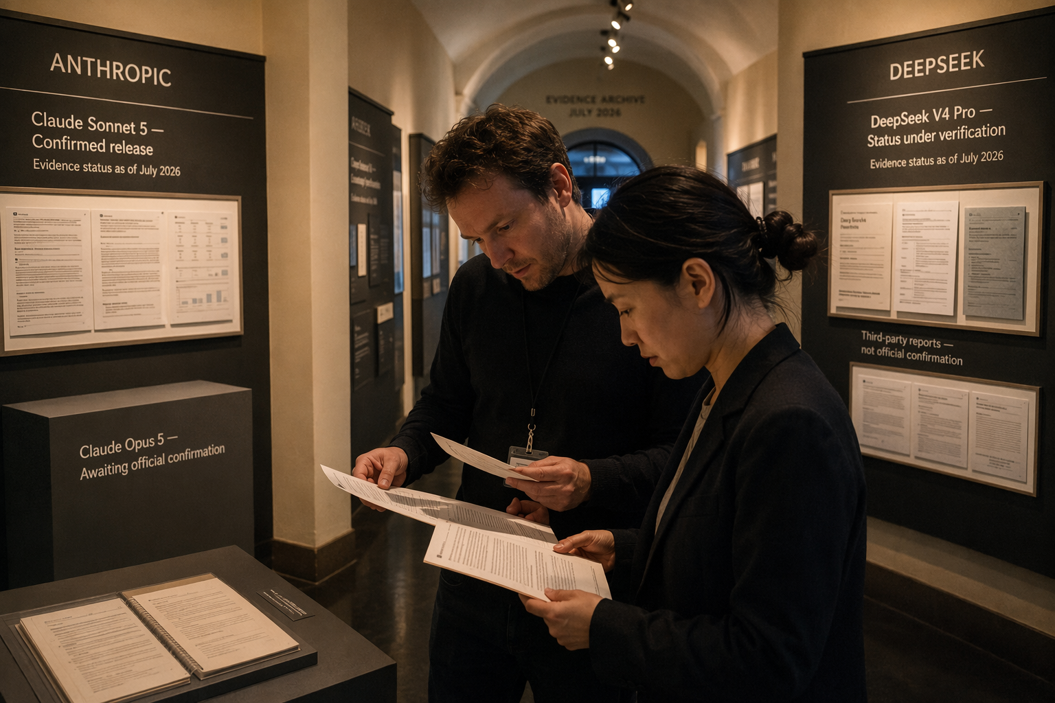A chronological corridor inside an AI museum, where illuminated display cases trace two model families toward July 2026