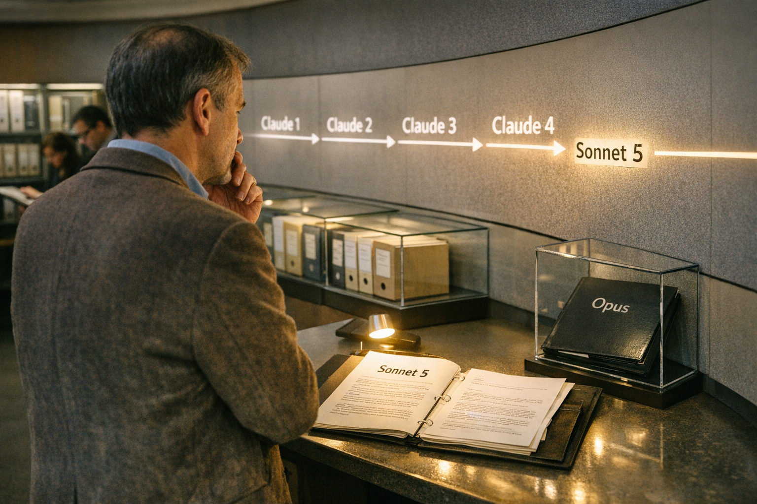 An AI research historian stands in a modern archive room examining a long illuminated timeline of Claude model generations