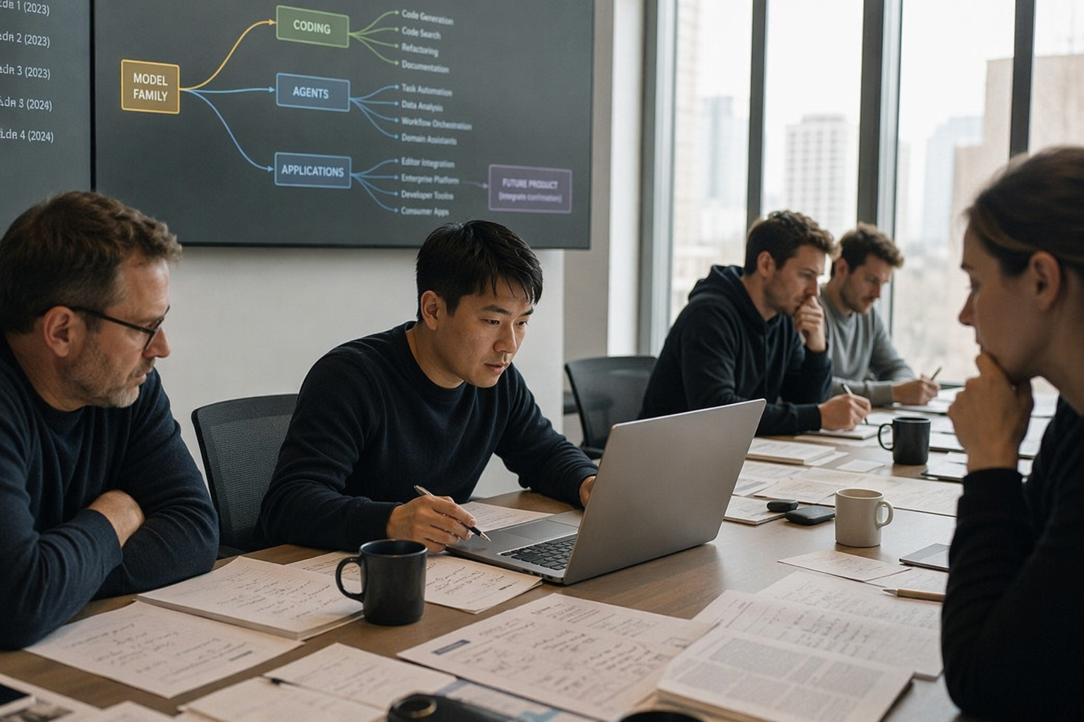 An editorial technology newsroom during an important model-launch week, with researchers, developers and business analysts