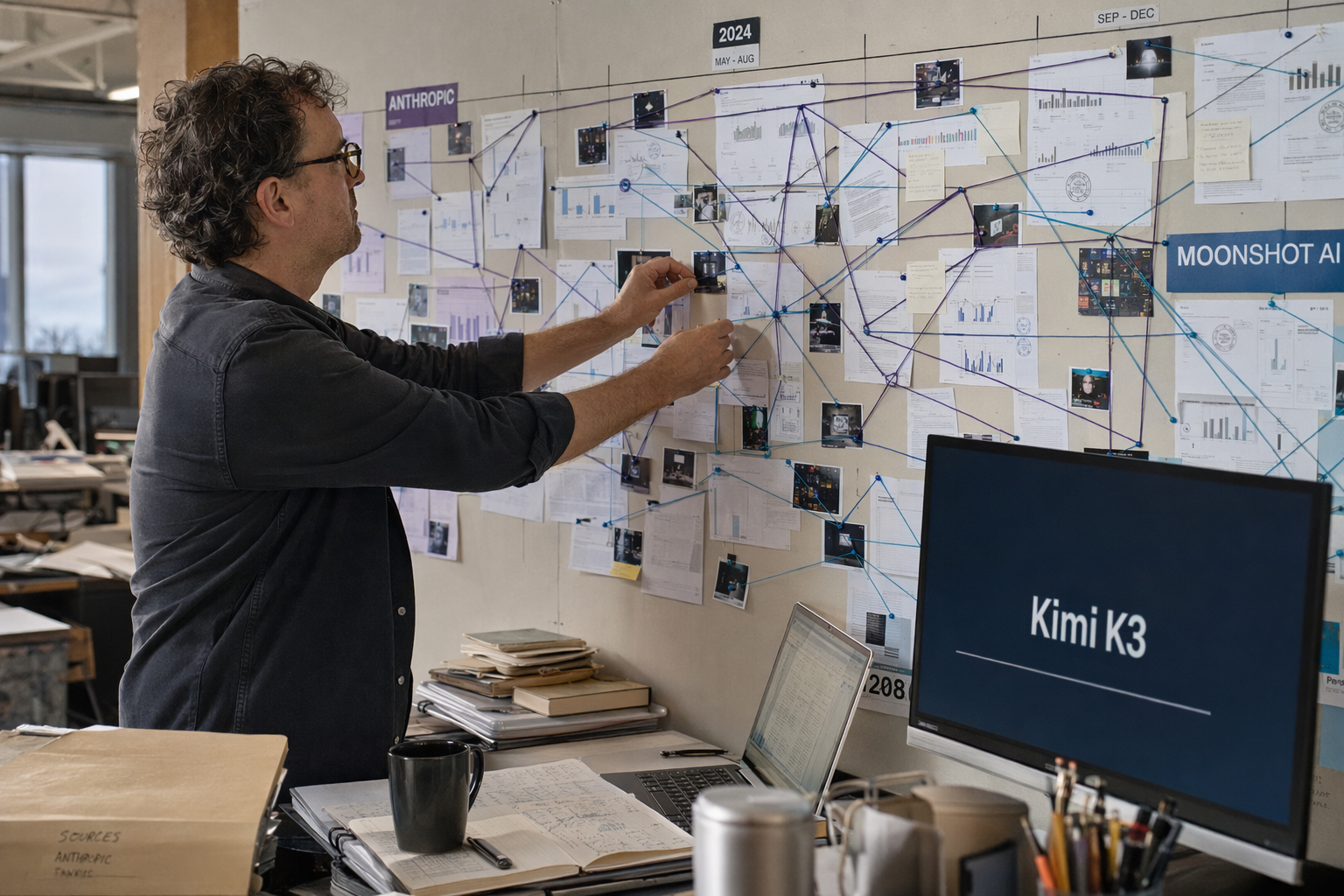 Show a technology newsroom where an analyst builds a wall-sized chronological evidence map connecting the Anthropic and