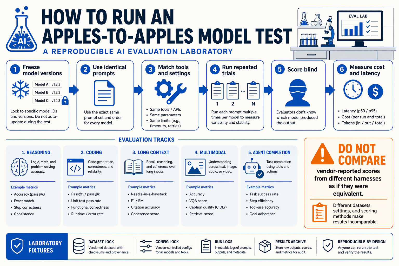 A reproducible AI evaluation laboratory shown as a horizontal six-step process titled HOW TO RUN AN APPLES-TO-APPLES MODEL