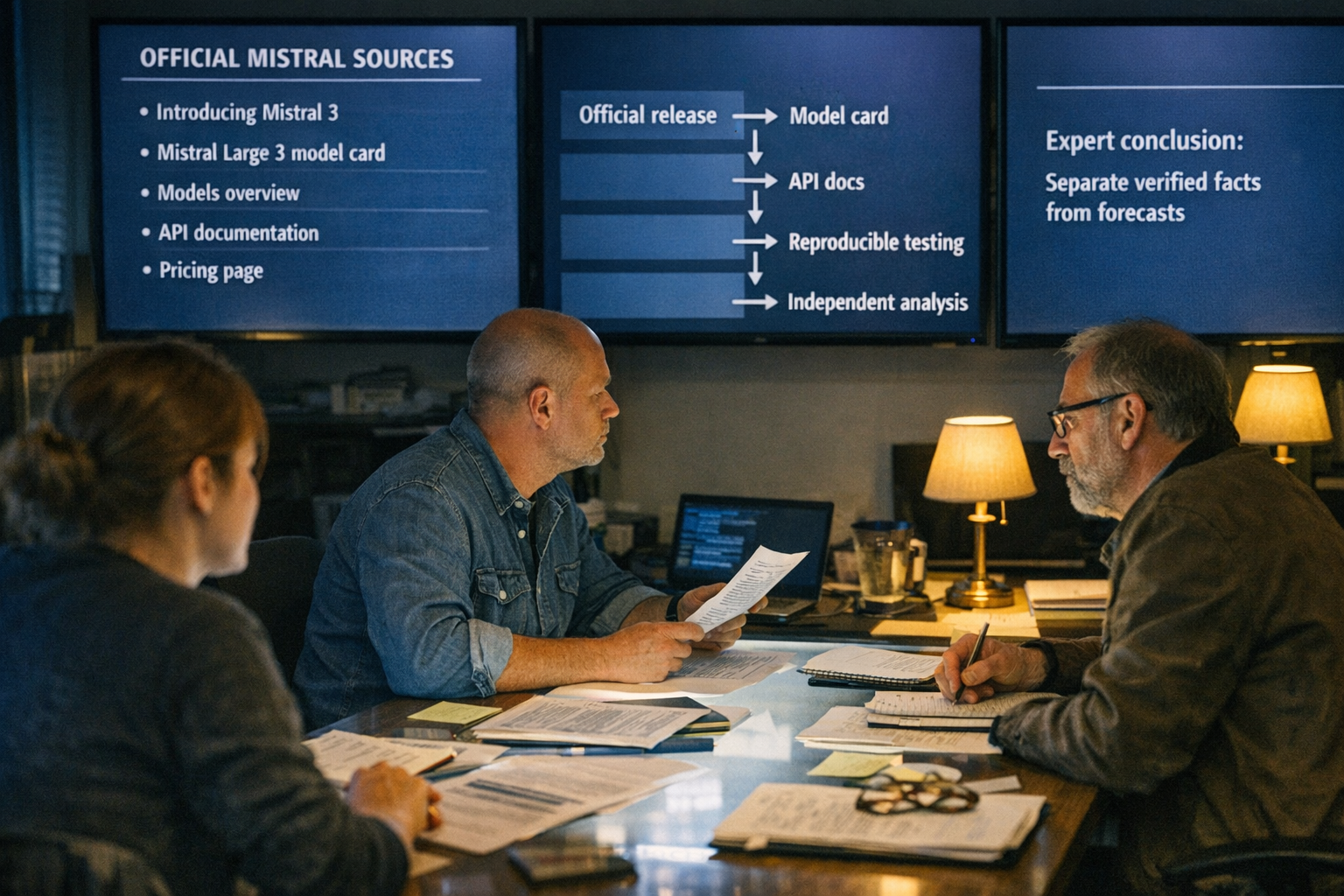 An investigative technology newsroom with analysts seated around a luminous evidence table, reviewing primary-source