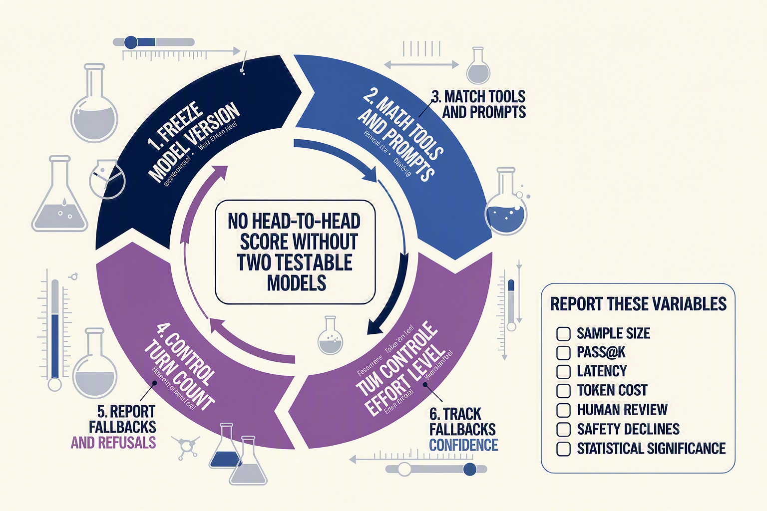 A benchmark laboratory infographic titled HOW TO RUN A FAIR MODEL COMPARISON showing a six-step circular methodology with