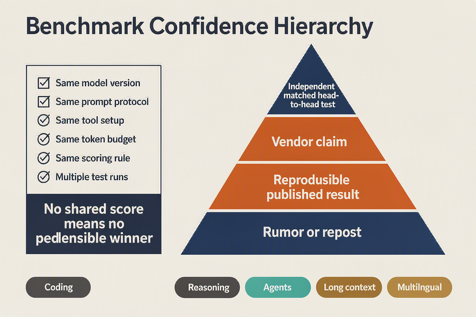 An evidence-pyramid infographic titled Benchmark Confidence Hierarchy with four ascending levels