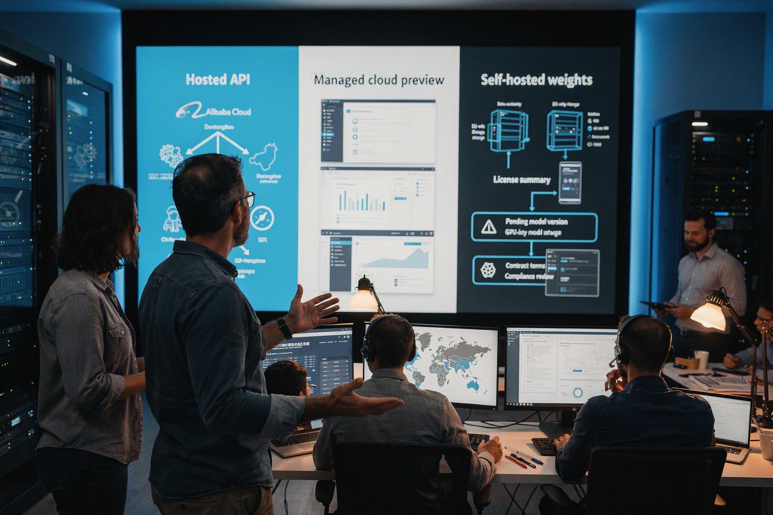 A global enterprise deployment scene inside a hybrid cloud command center