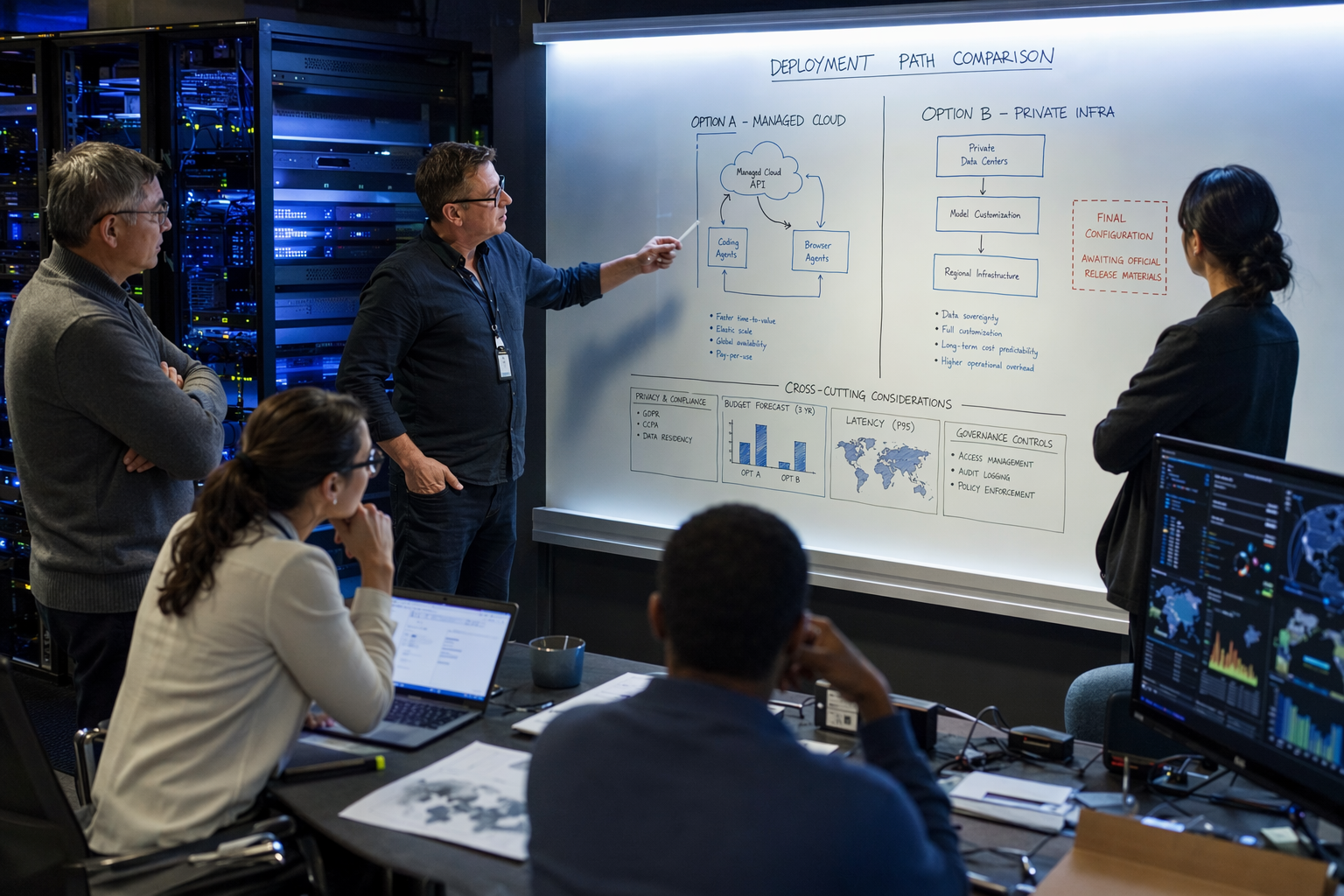 A global enterprise operations room where security architects, finance leaders, and machine-learning engineers compare two