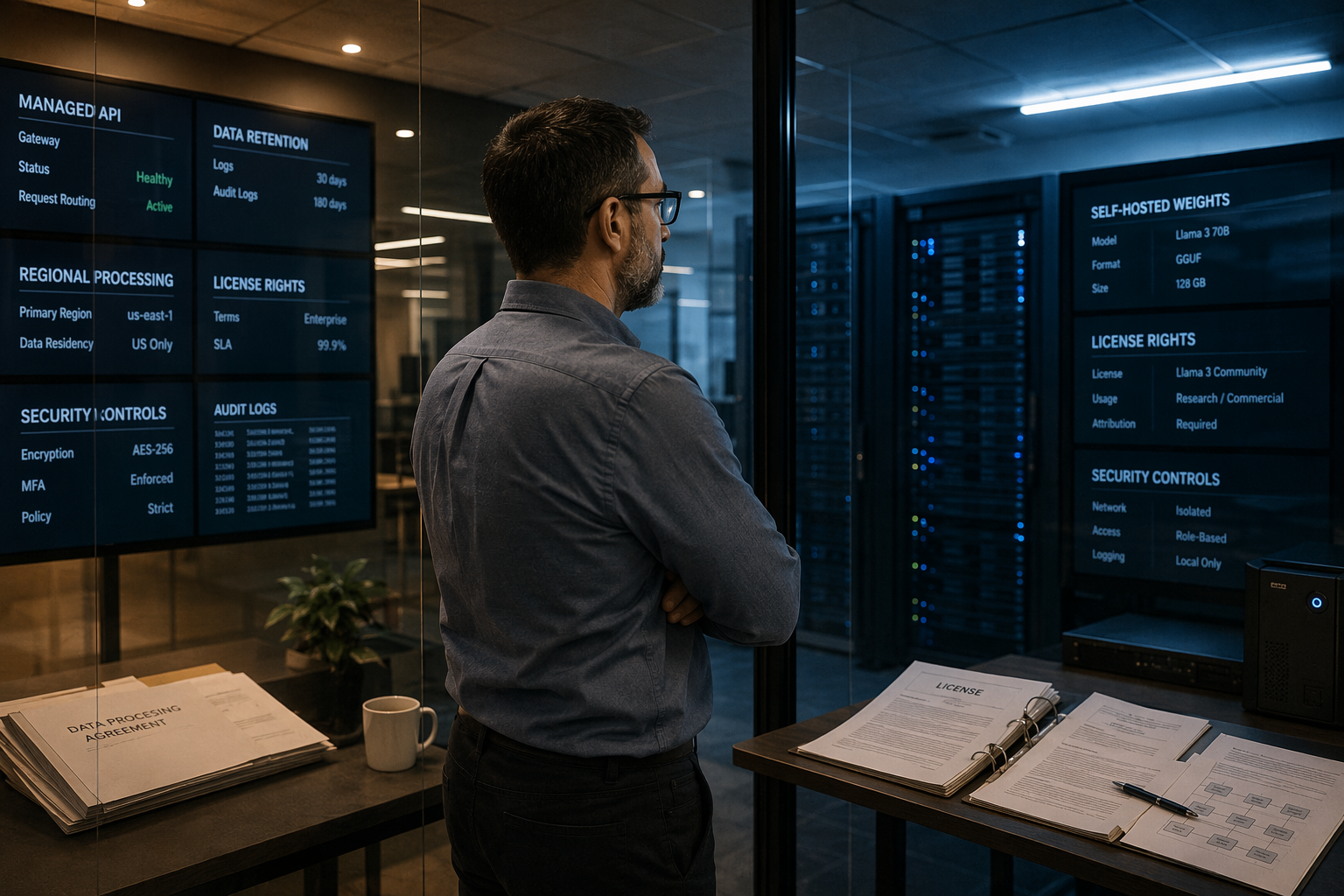 A security architect stands in a glass-walled enterprise operations center comparing two deployment paths