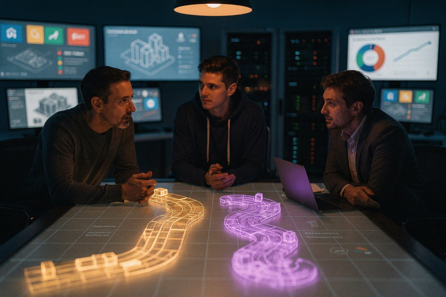 Show a modern enterprise AI operations room during an evening deployment review