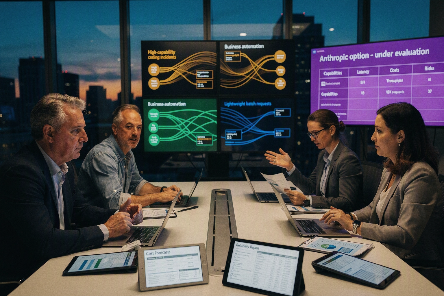 A strategic planning session inside a modern enterprise operations center, with a CTO, engineering lead, finance director