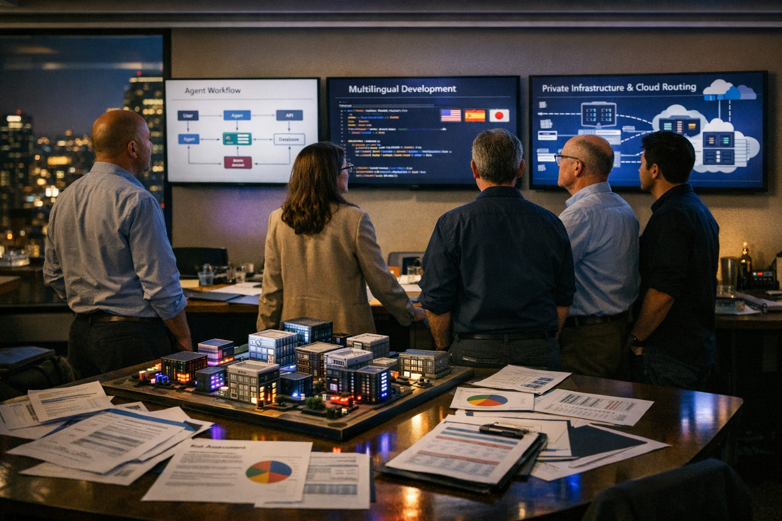 A strategic enterprise evaluation room overlooking a dense city at night, where software architects, security specialists,