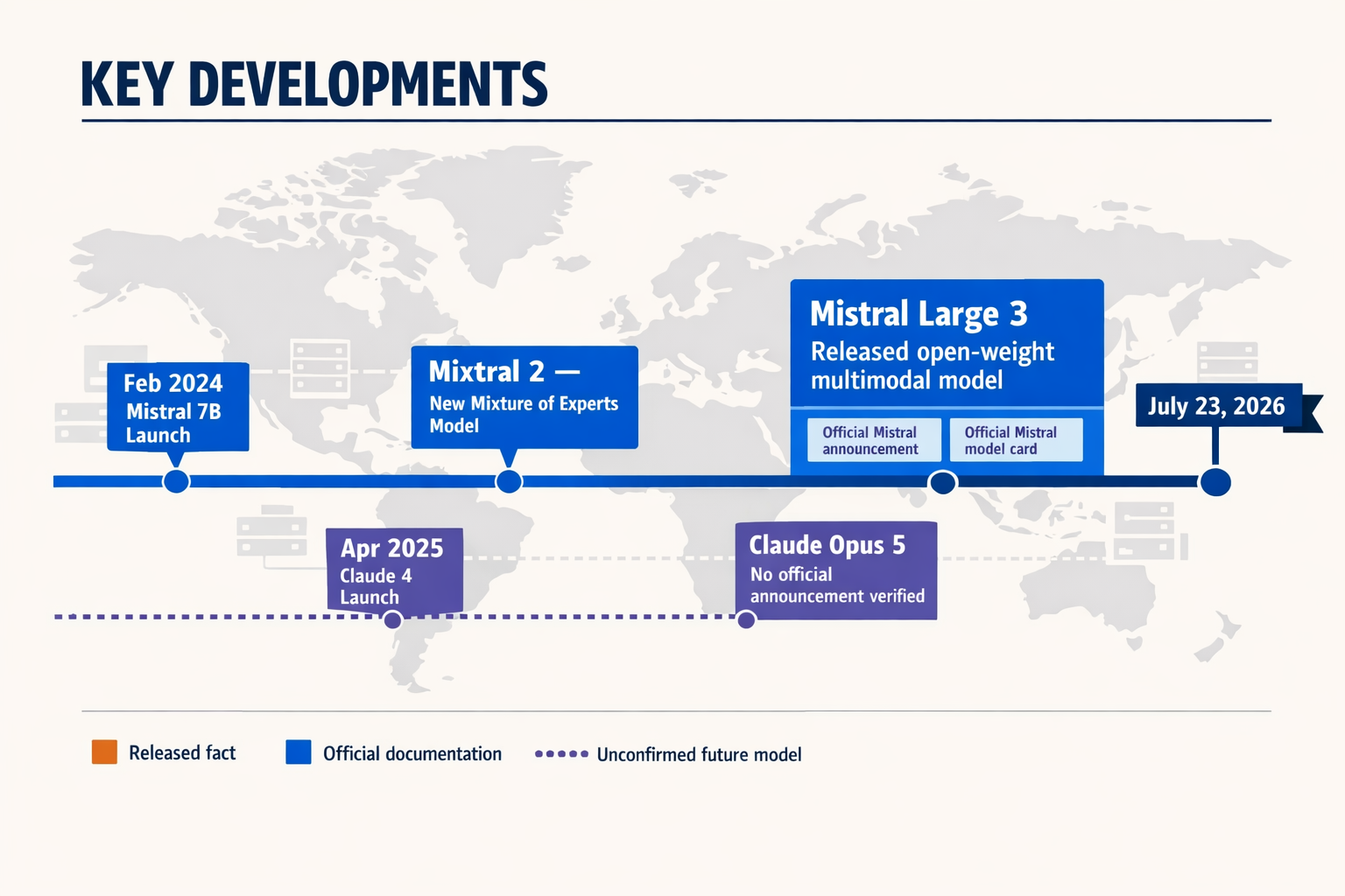 A horizontal product-development timeline titled KEY DEVELOPMENTS running toward a marker labelled July 23, 2026