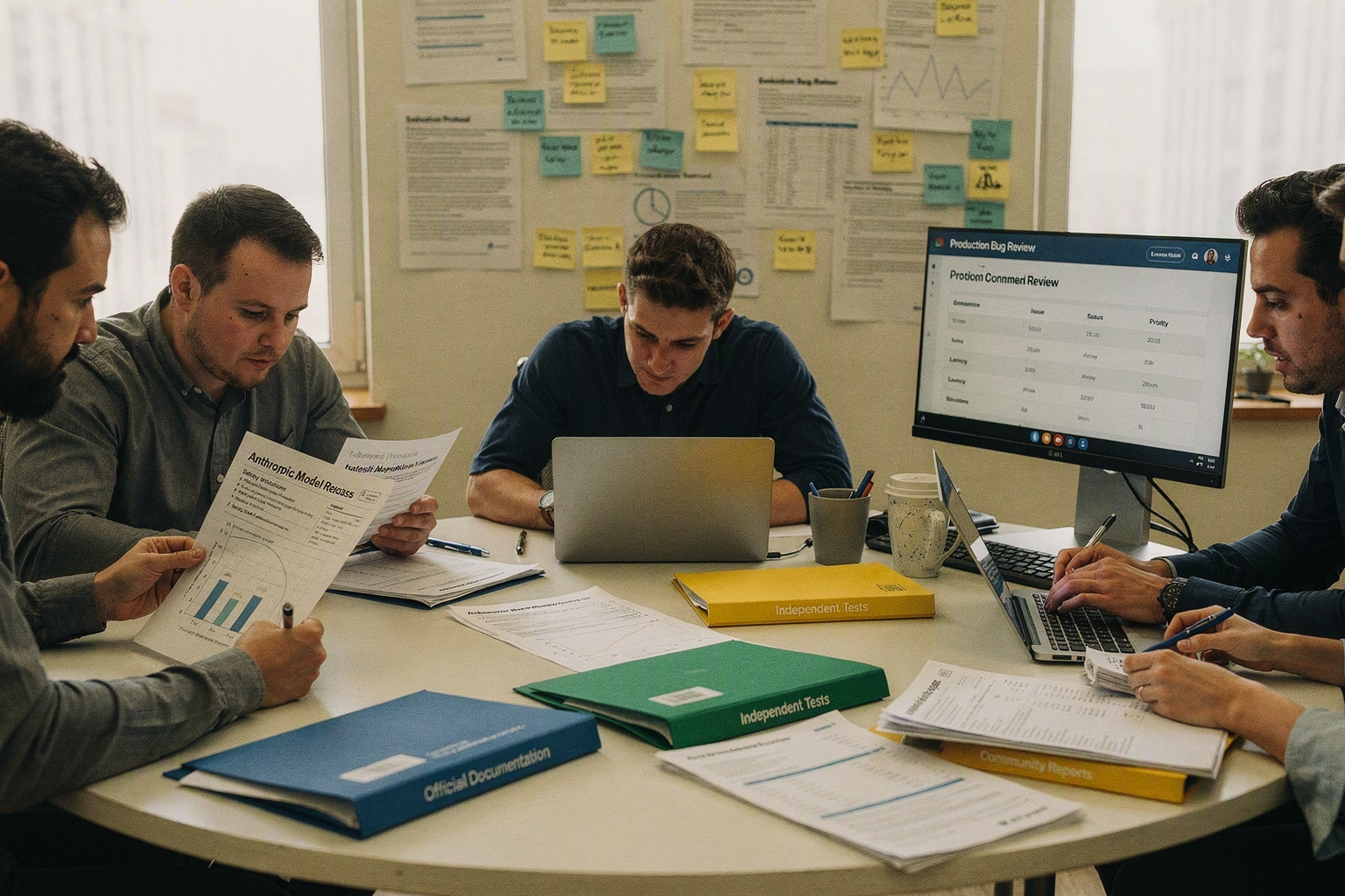 A technology analysis newsroom where a diverse group of model evaluators reviews evidence around a large circular table