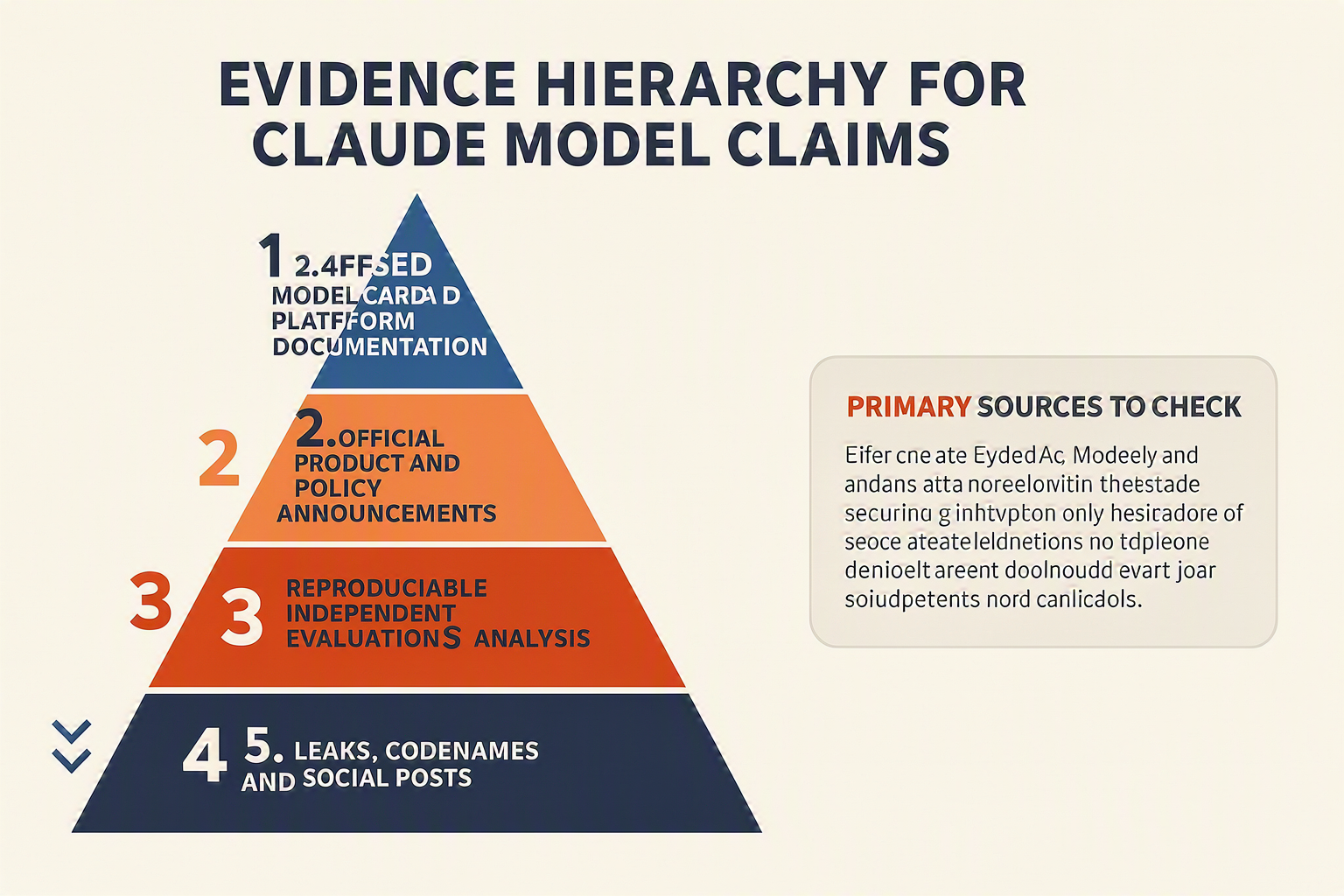 A source-hierarchy pyramid infographic titled EVIDENCE HIERARCHY FOR CLAUDE MODEL CLAIMS with five stacked levels