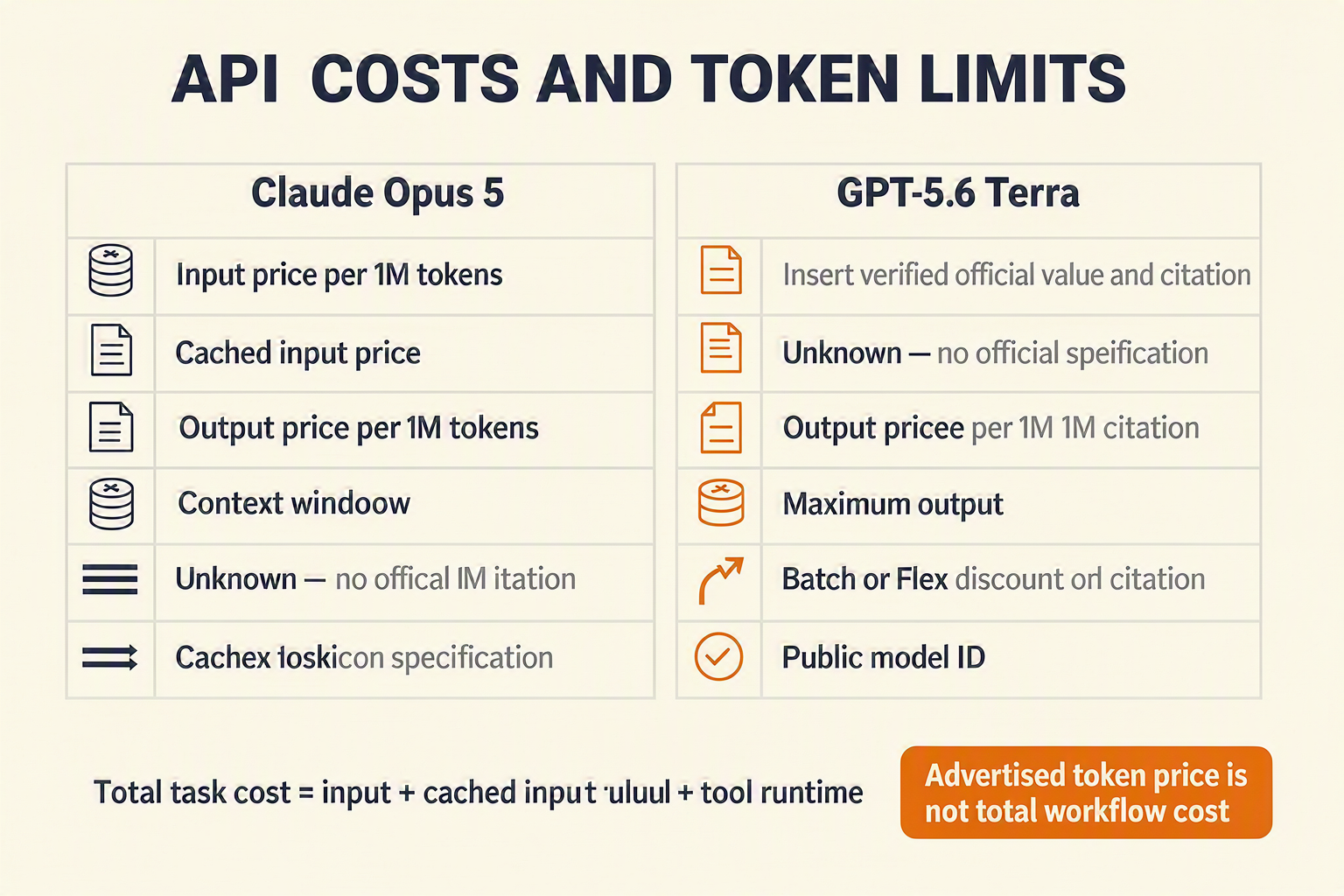 A clean technical specification infographic titled API COSTS AND TOKEN LIMITS comparing two model columns labeled Claude