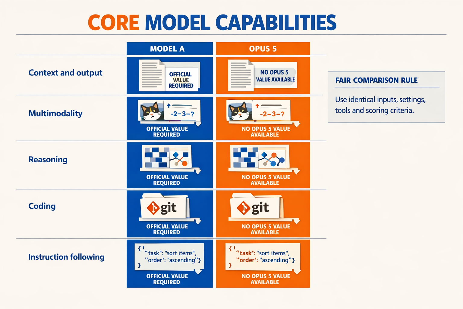 A five-lane capability comparison dashboard titled CORE MODEL CAPABILITIES