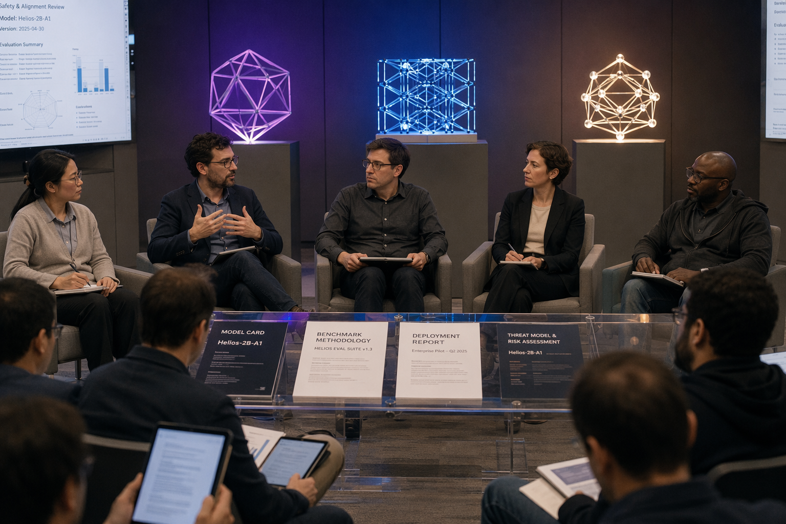 A moderated technical review panel in a modern auditorium, featuring an AI researcher, an independent benchmark designer, an