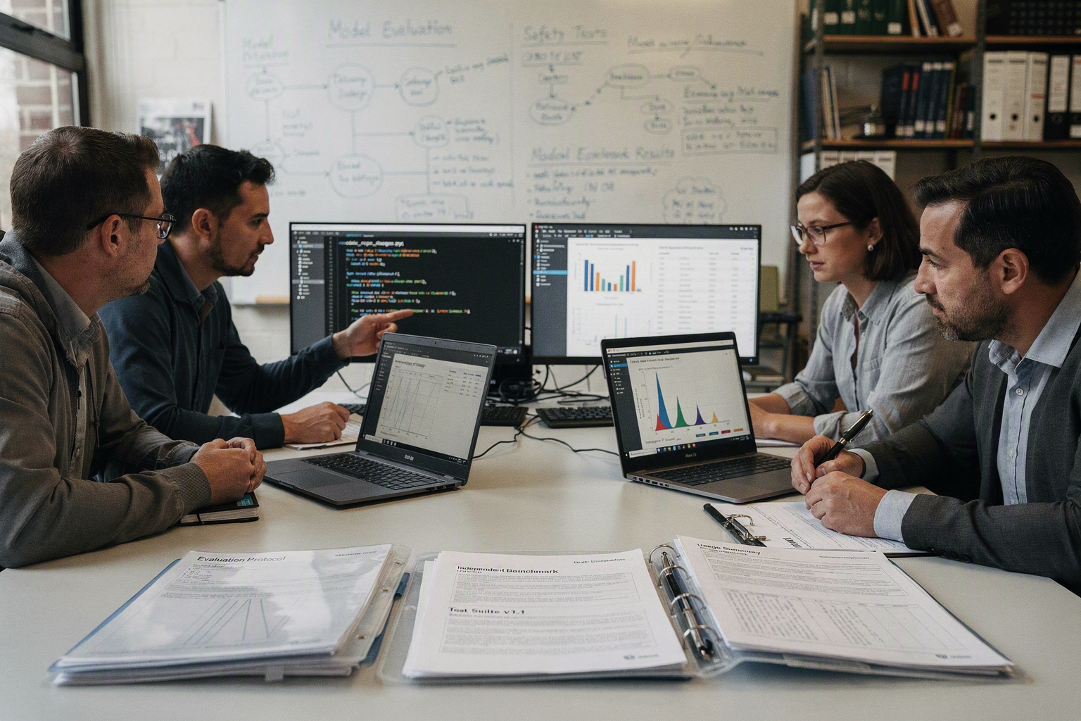 An independent AI evaluation roundtable in a university-style research studio, featuring a model researcher, software