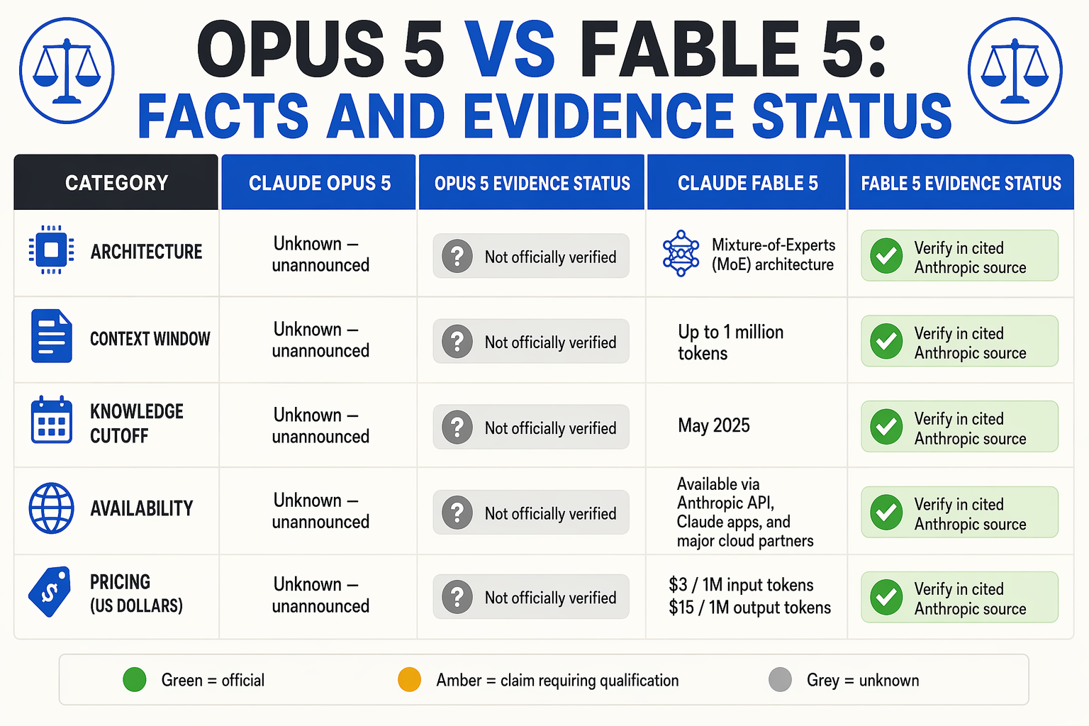 A detailed side-by-side comparison matrix titled OPUS 5 VS FABLE 5: FACTS AND EVIDENCE STATUS