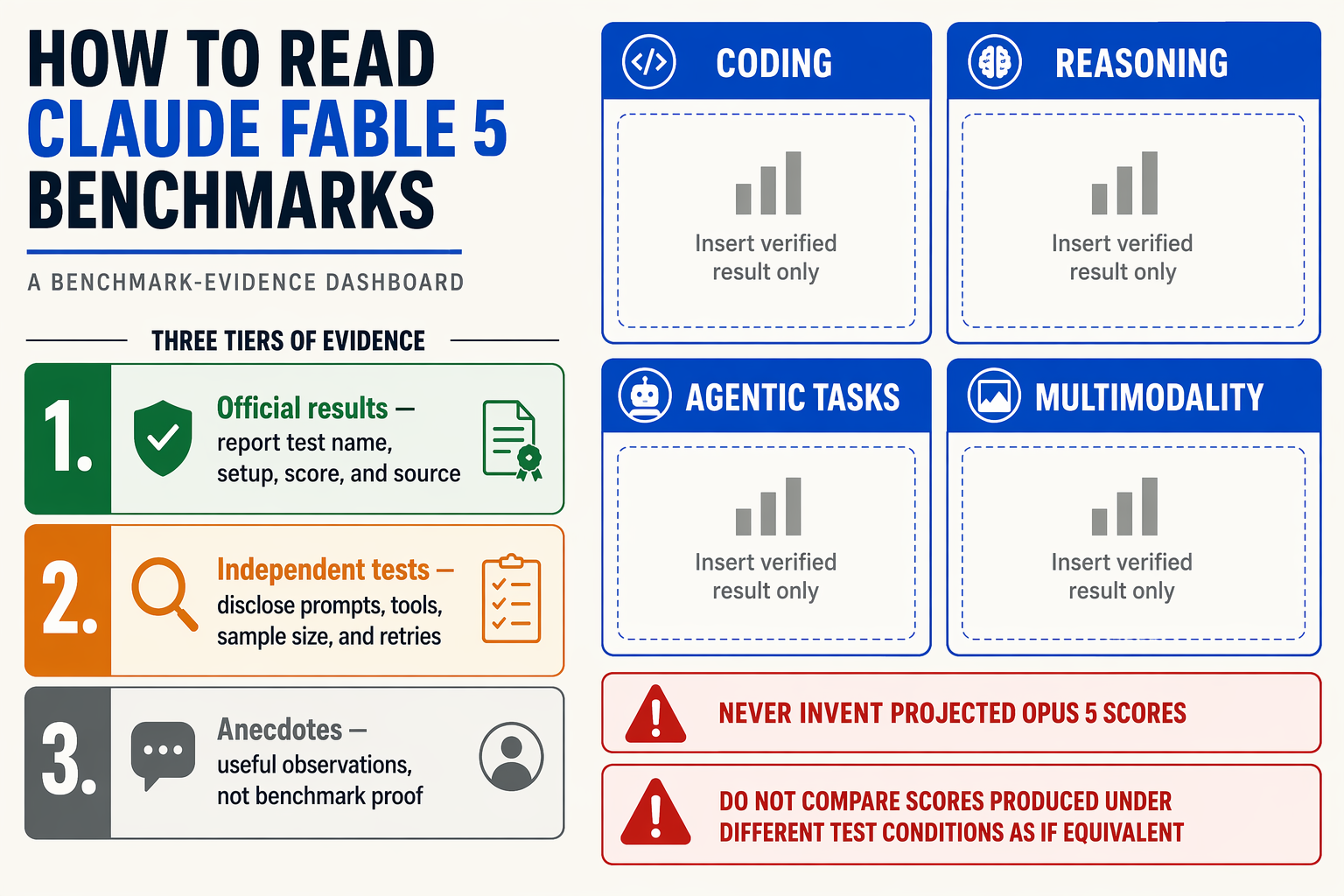 A benchmark-evidence dashboard titled HOW TO READ CLAUDE FABLE 5 BENCHMARKS with three stacked evidence tiers