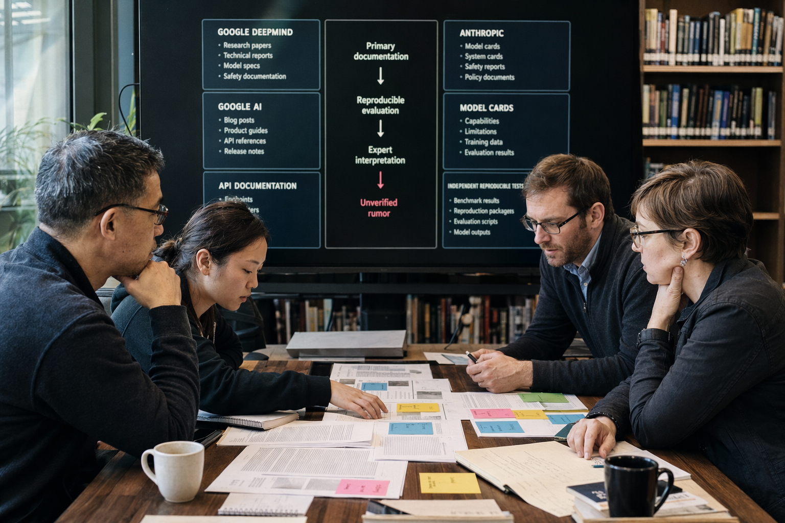 A source-review roundtable in a modern research library, with an enterprise architect, an AI evaluator, a software engineer