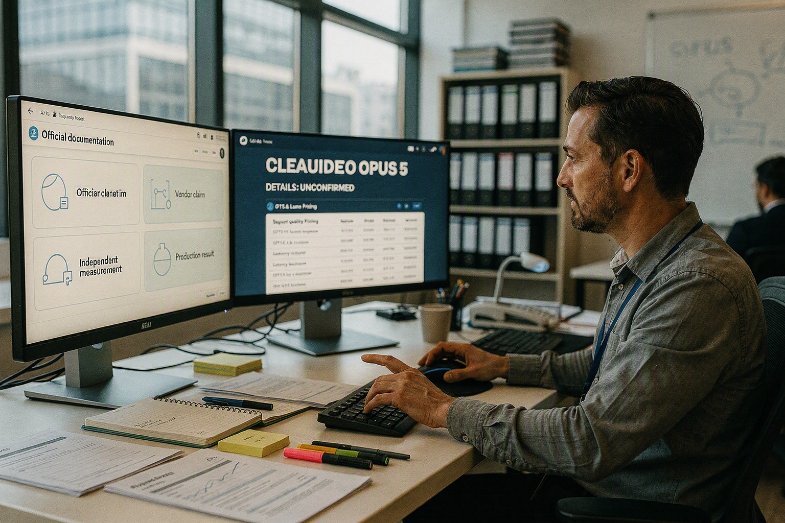 A forensic evidence-review desk in a modern enterprise research office, with an analyst comparing vendor documentation, API