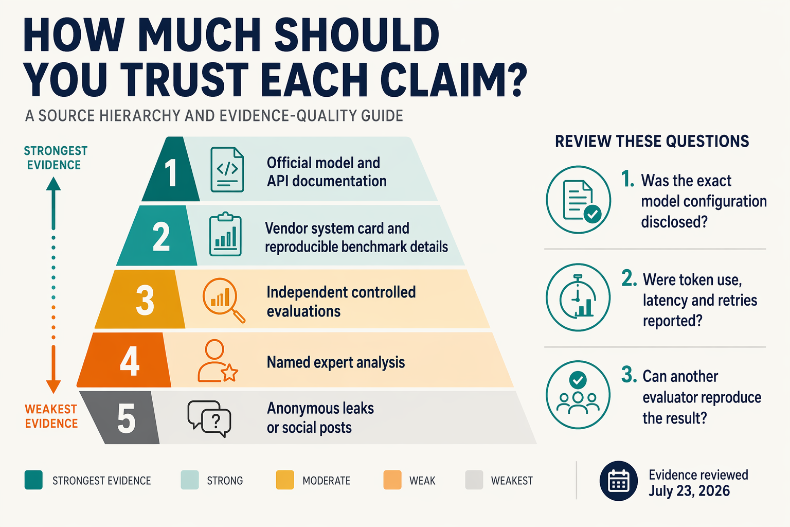 A source hierarchy and evidence-quality infographic titled HOW MUCH SHOULD YOU TRUST EACH CLAIM?