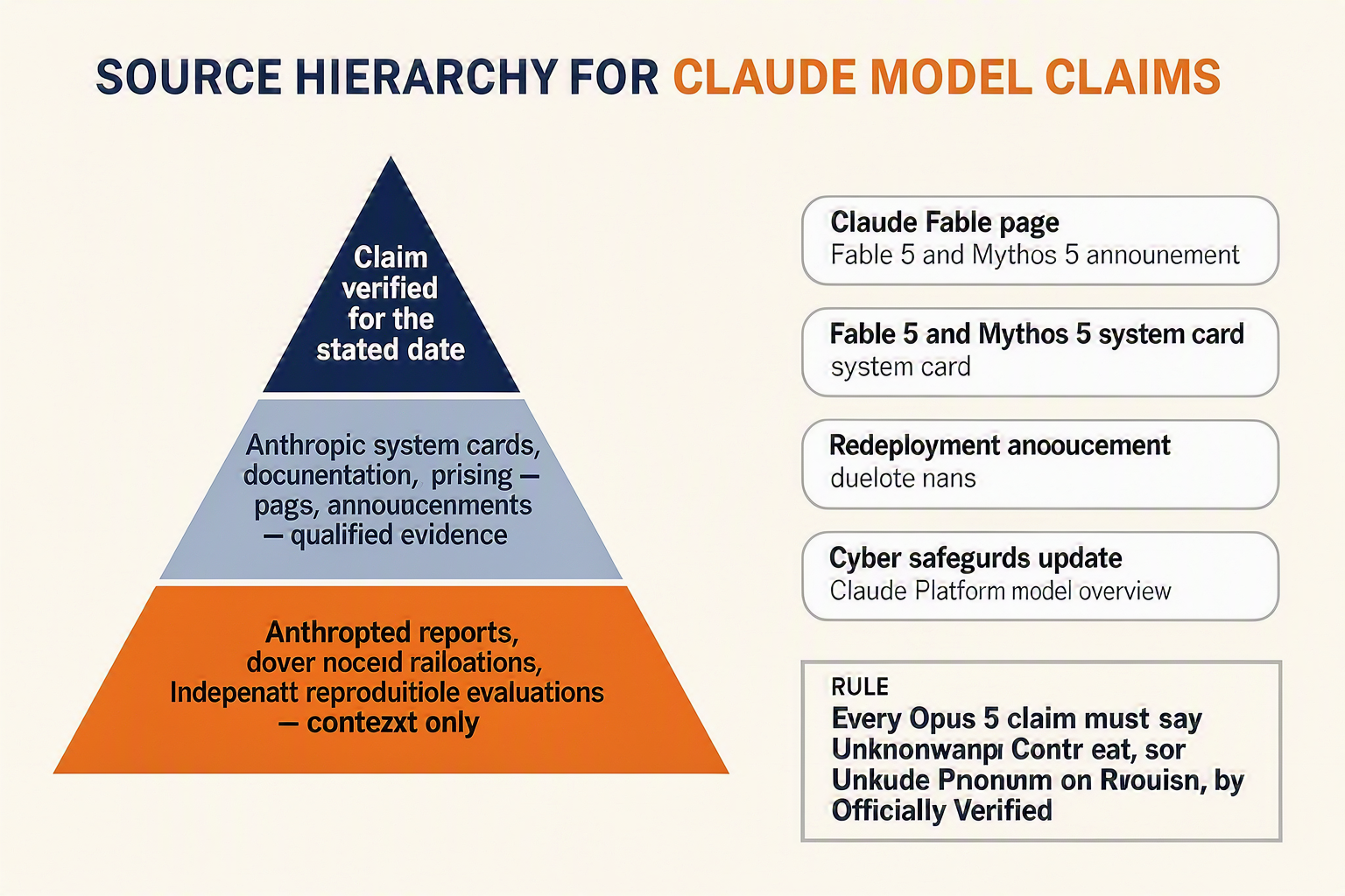 An editorial evidence pyramid titled SOURCE HIERARCHY FOR CLAUDE MODEL CLAIMS