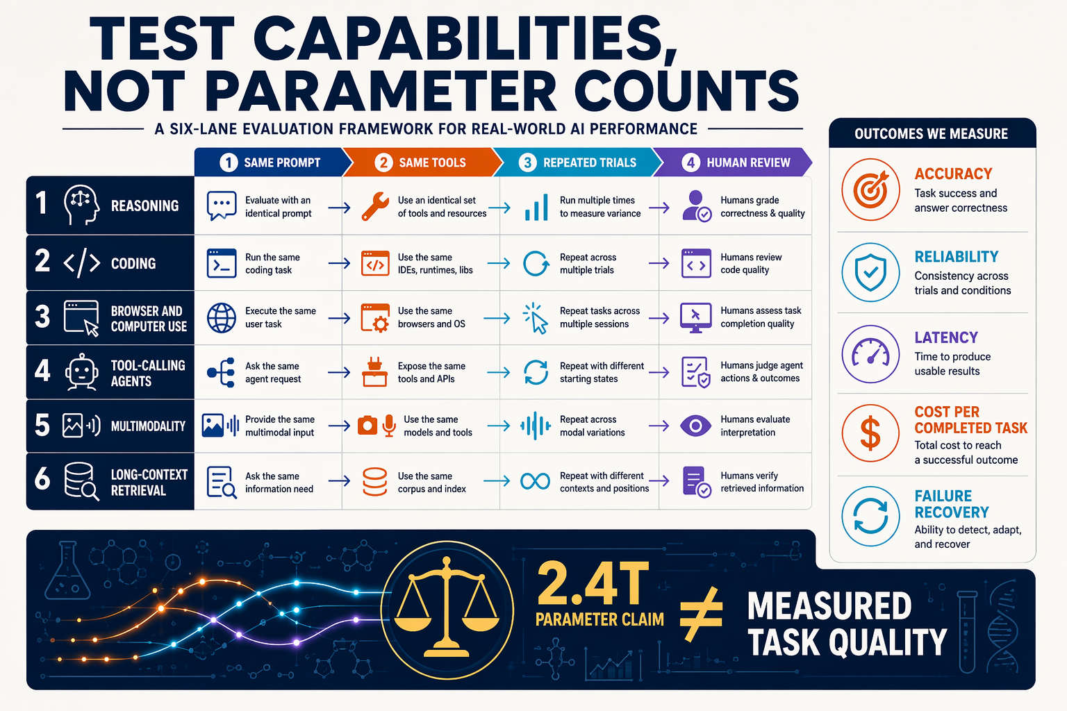 A six-lane evaluation framework infographic titled TEST CAPABILITIES, NOT PARAMETER COUNTS