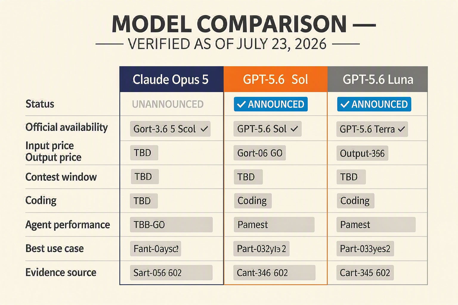 A wide four-column comparison-matrix infographic titled MODEL COMPARISON — VERIFIED AS OF JULY 23, 2026