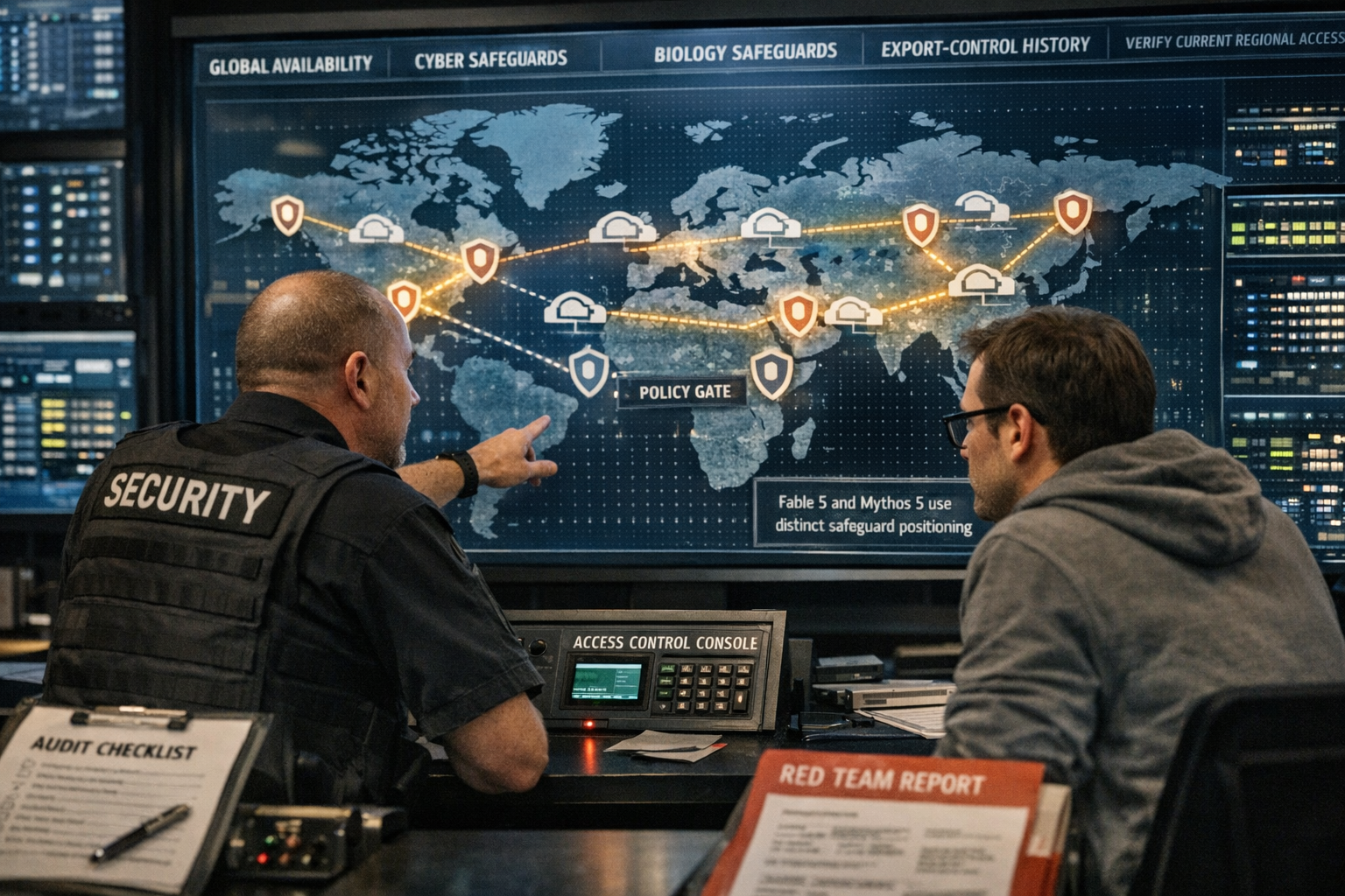 A global AI deployment command room where a security lead and platform engineer review a large wall display showing a world