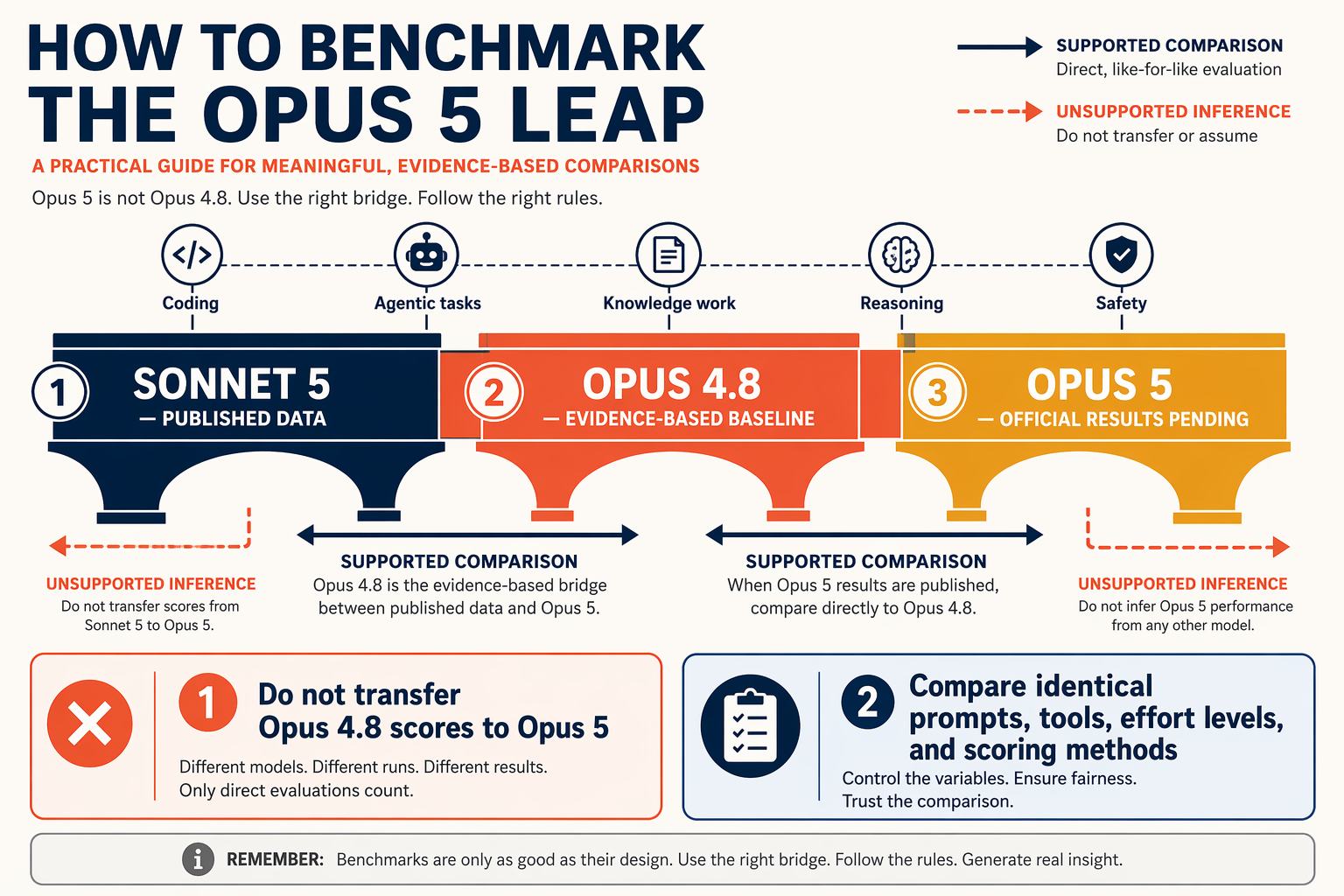 A benchmark interpretation infographic arranged as a bridge between three labeled platforms