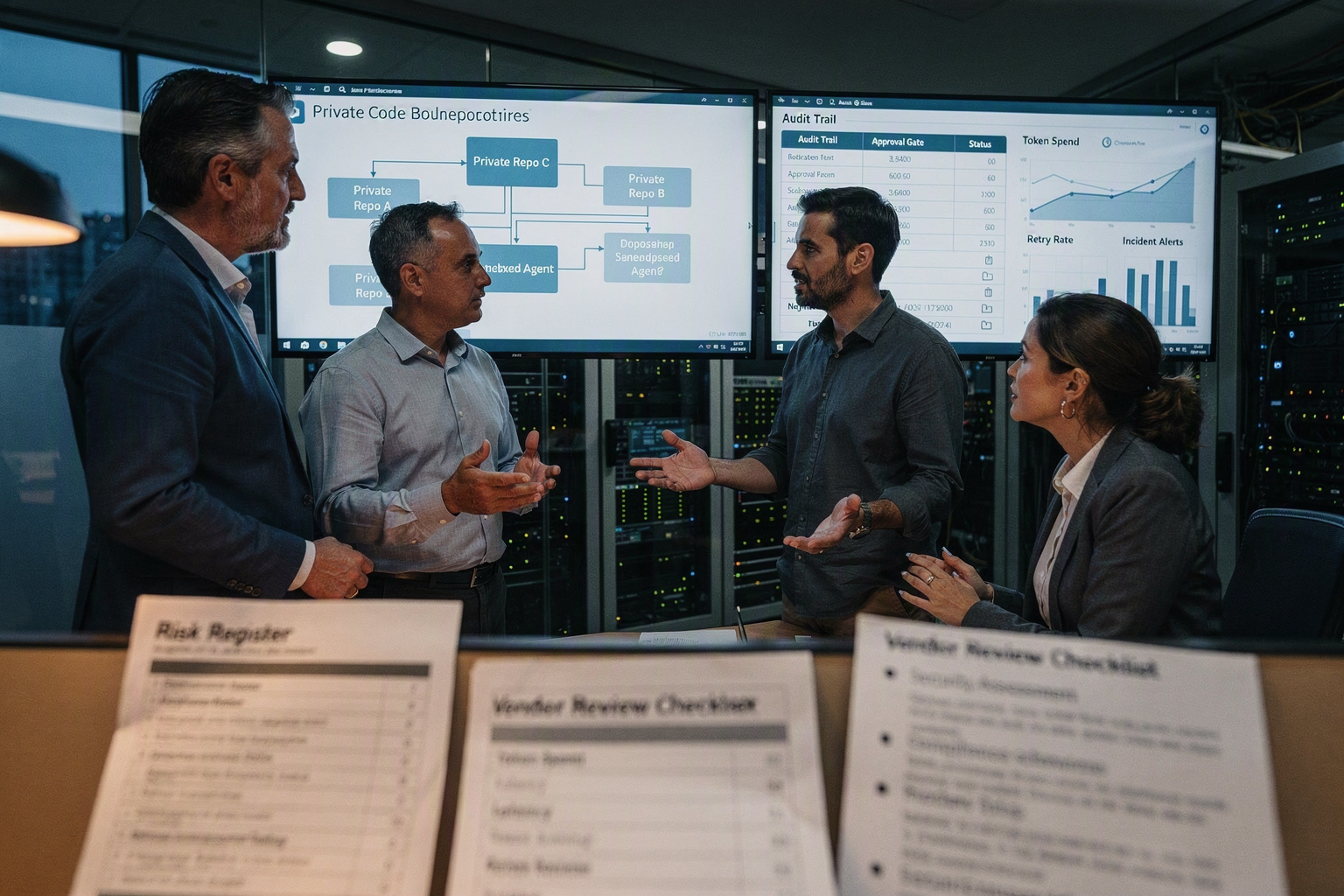 Inside a global enterprise operations center, a security architect, procurement lead, software engineering manager, and