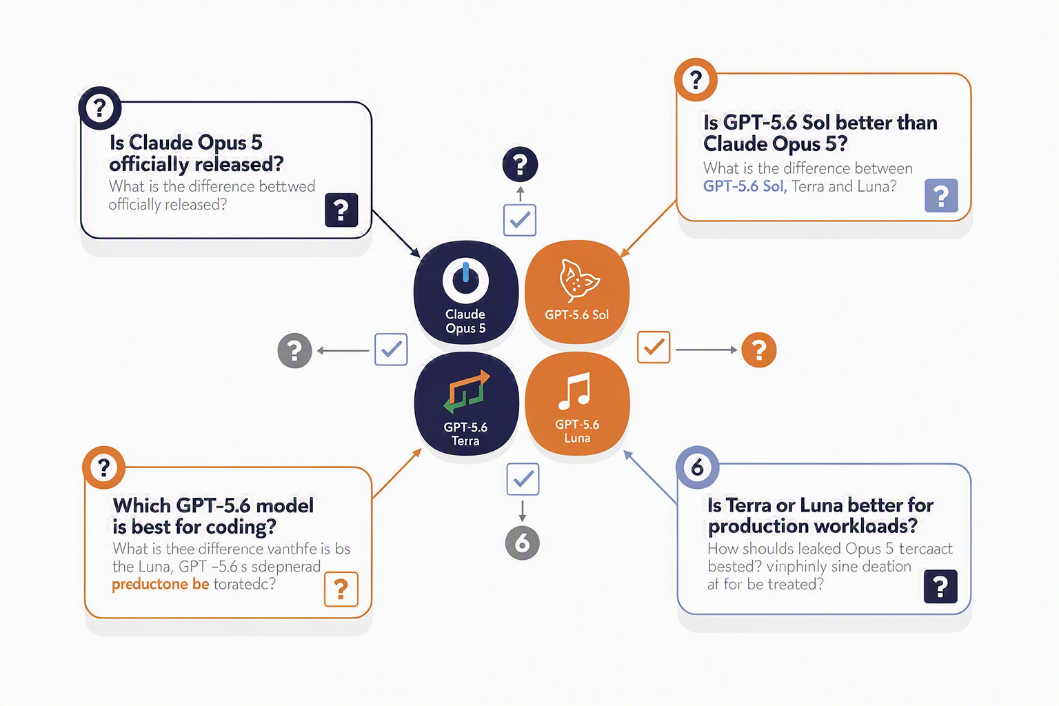 A clean FAQ knowledge-map infographic titled CLAUDE OPUS 5 AND GPT-5.6 FAQ with six rounded question cards connected to a