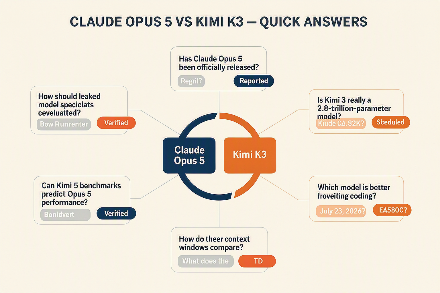 Design an FAQ knowledge-map infographic titled CLAUDE OPUS 5 VS KIMI K3 — QUICK ANSWERS