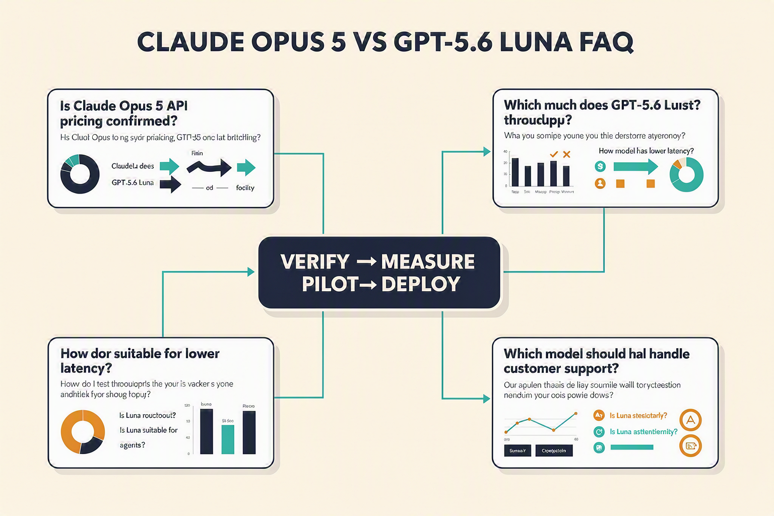 A structured FAQ knowledge map titled CLAUDE OPUS 5 VS GPT-5.6 LUNA FAQ with six connected question cards reading Is Claude