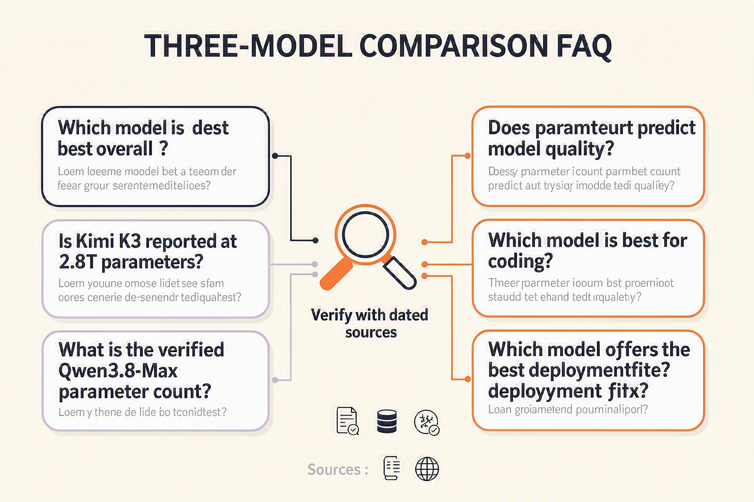 A structured FAQ infographic titled THREE-MODEL COMPARISON FAQ featuring six rounded question cards arranged in two columns
