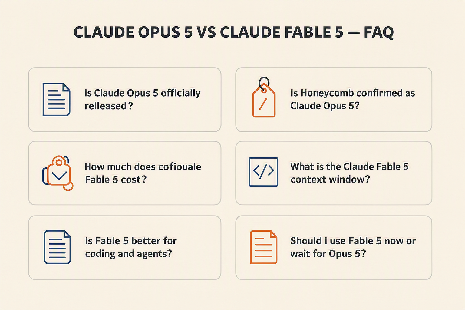 A structured FAQ knowledge-board titled CLAUDE OPUS 5 VS CLAUDE FABLE 5 — FAQ with eight neatly spaced question cards