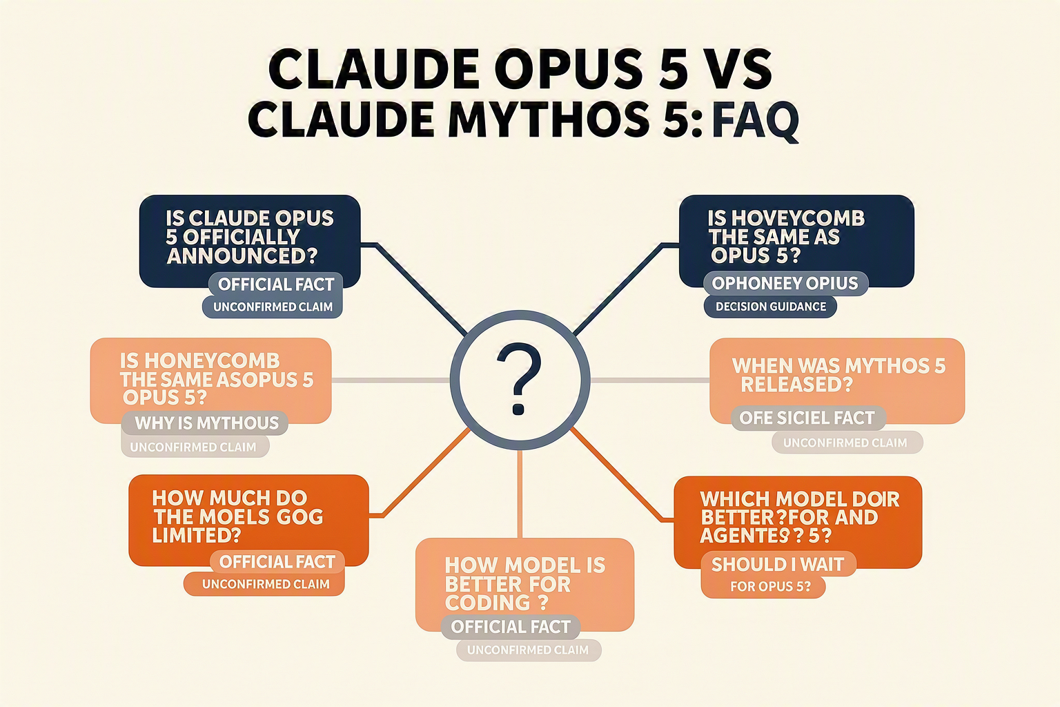 An FAQ decision-tree infographic titled CLAUDE OPUS 5 VS CLAUDE MYTHOS 5: FAQ branching from a central question icon into