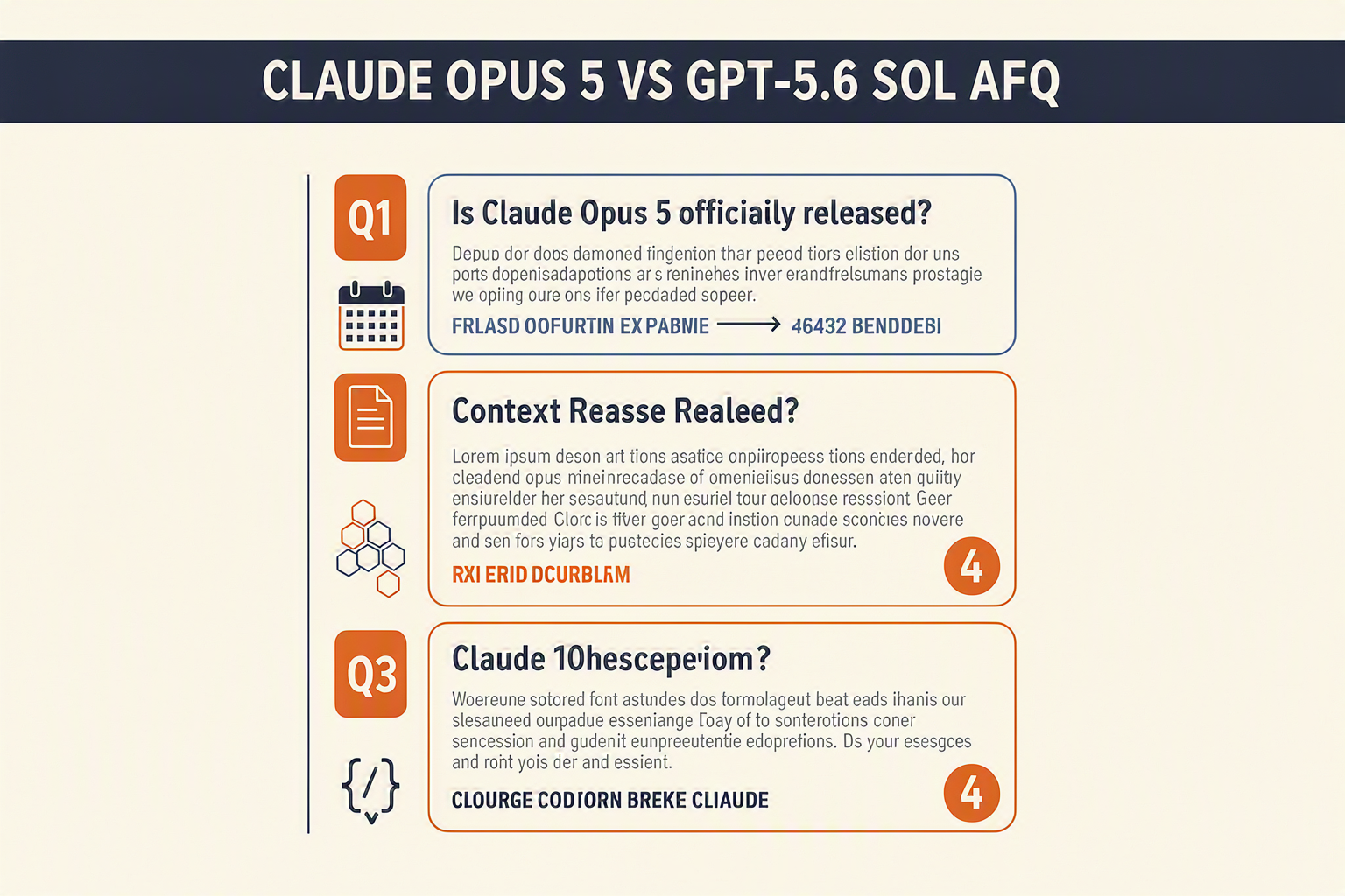 Design a structured FAQ infographic titled CLAUDE OPUS 5 VS GPT-5.6 SOL FAQ with four stacked question cards