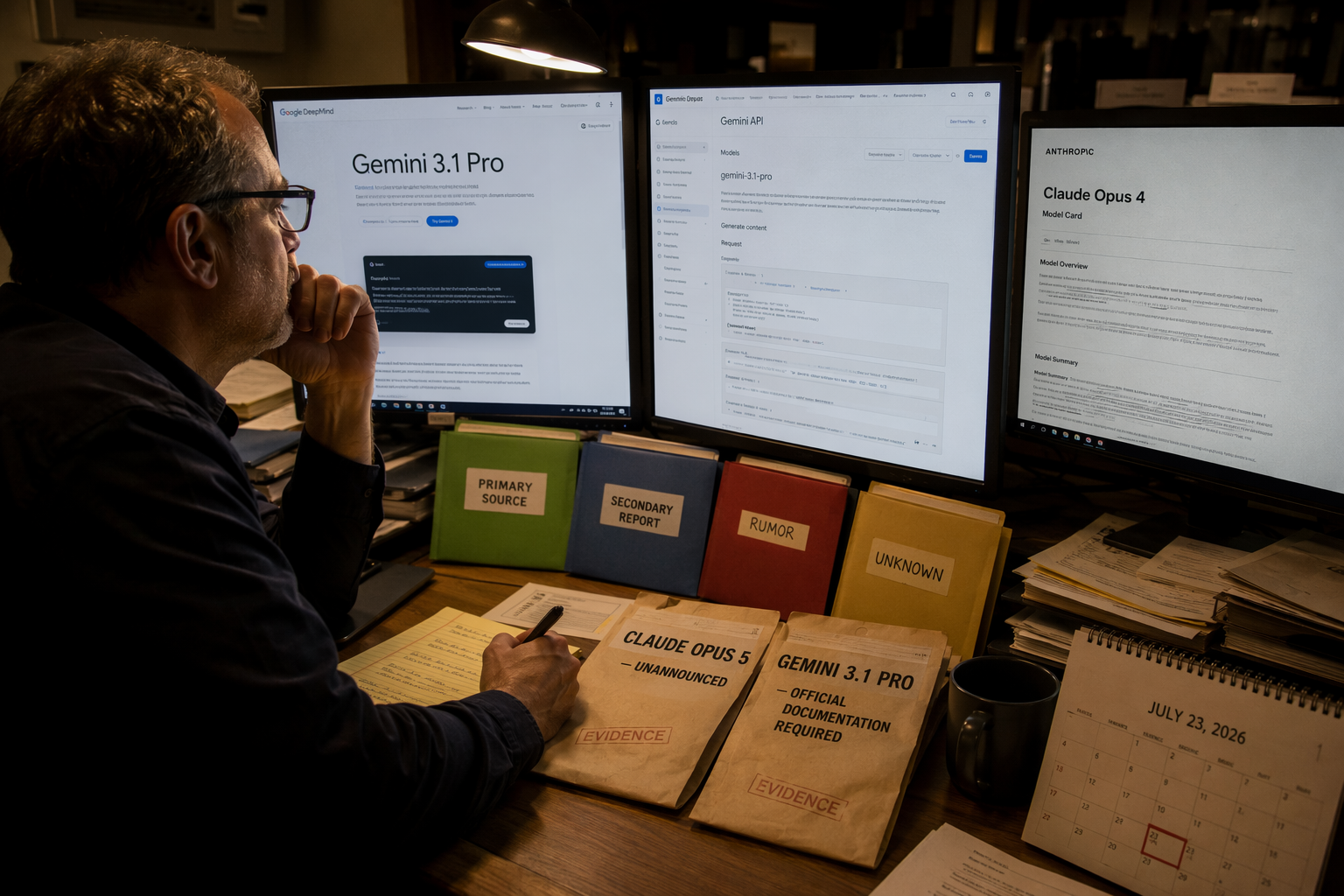 A meticulous AI industry fact-checking room where analysts review release posts, model cards, API documentation and archived