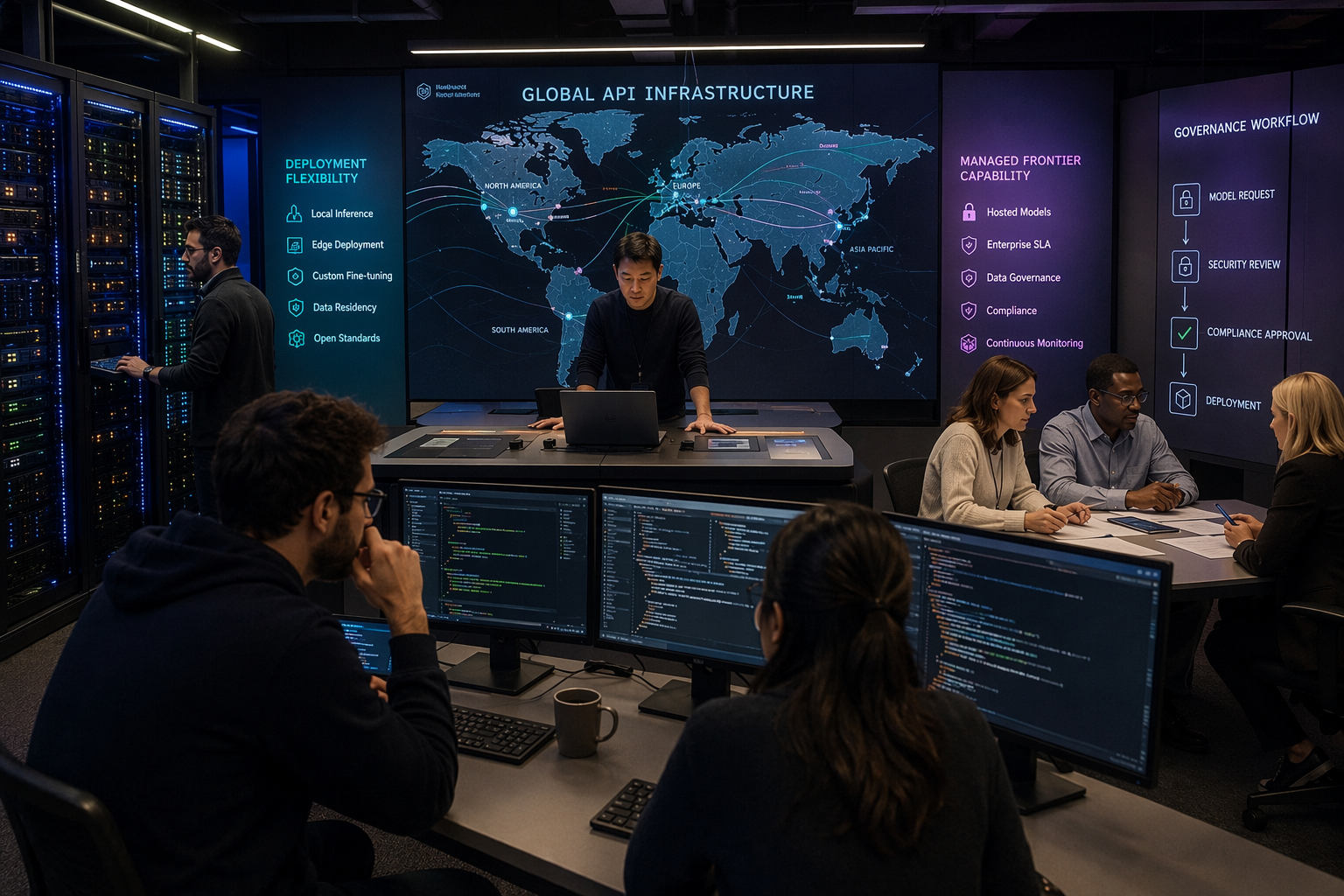 Depict a global enterprise AI operations center divided into three active zones