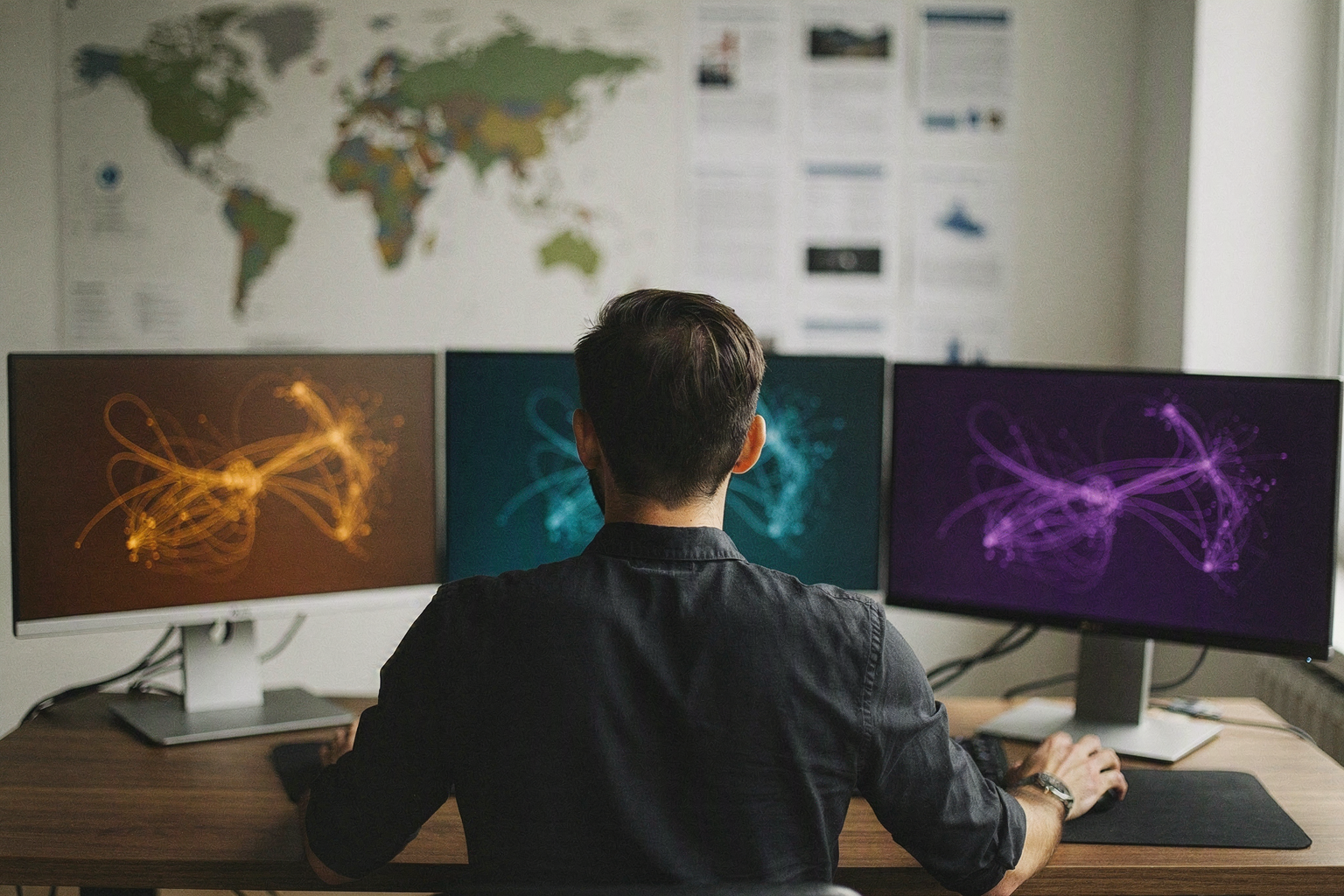 A spacious international AI research laboratory during early evening, showing three distinct teams working in connected