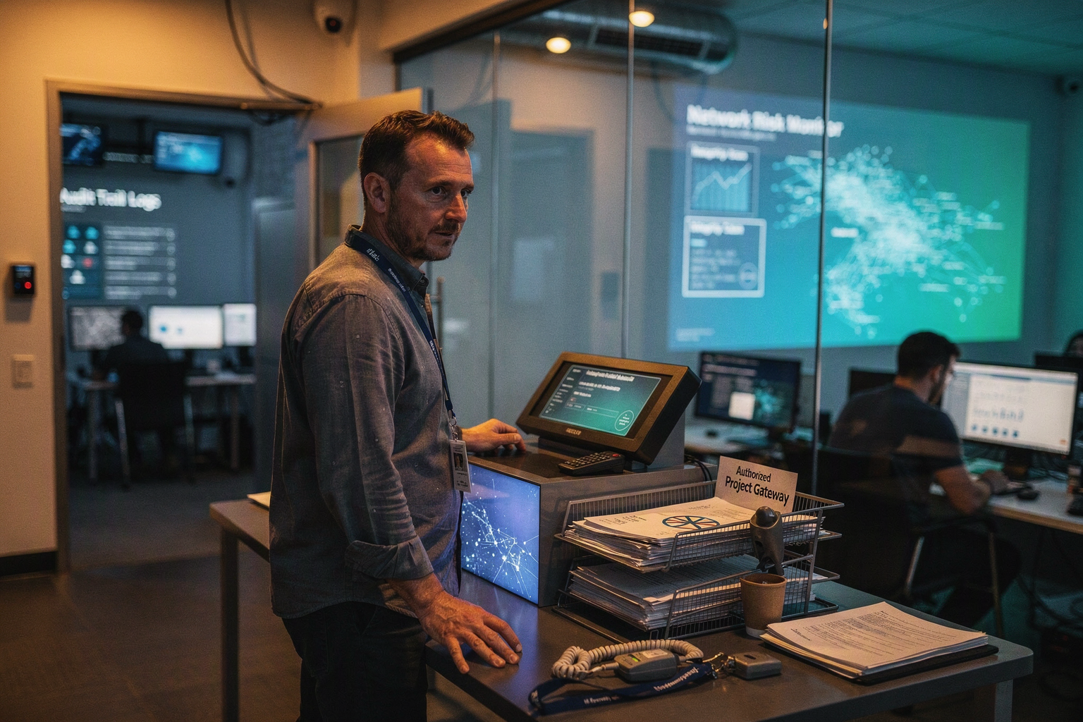 A secure AI operations facility at dusk where approved researchers enter through a layered access-control checkpoint into a